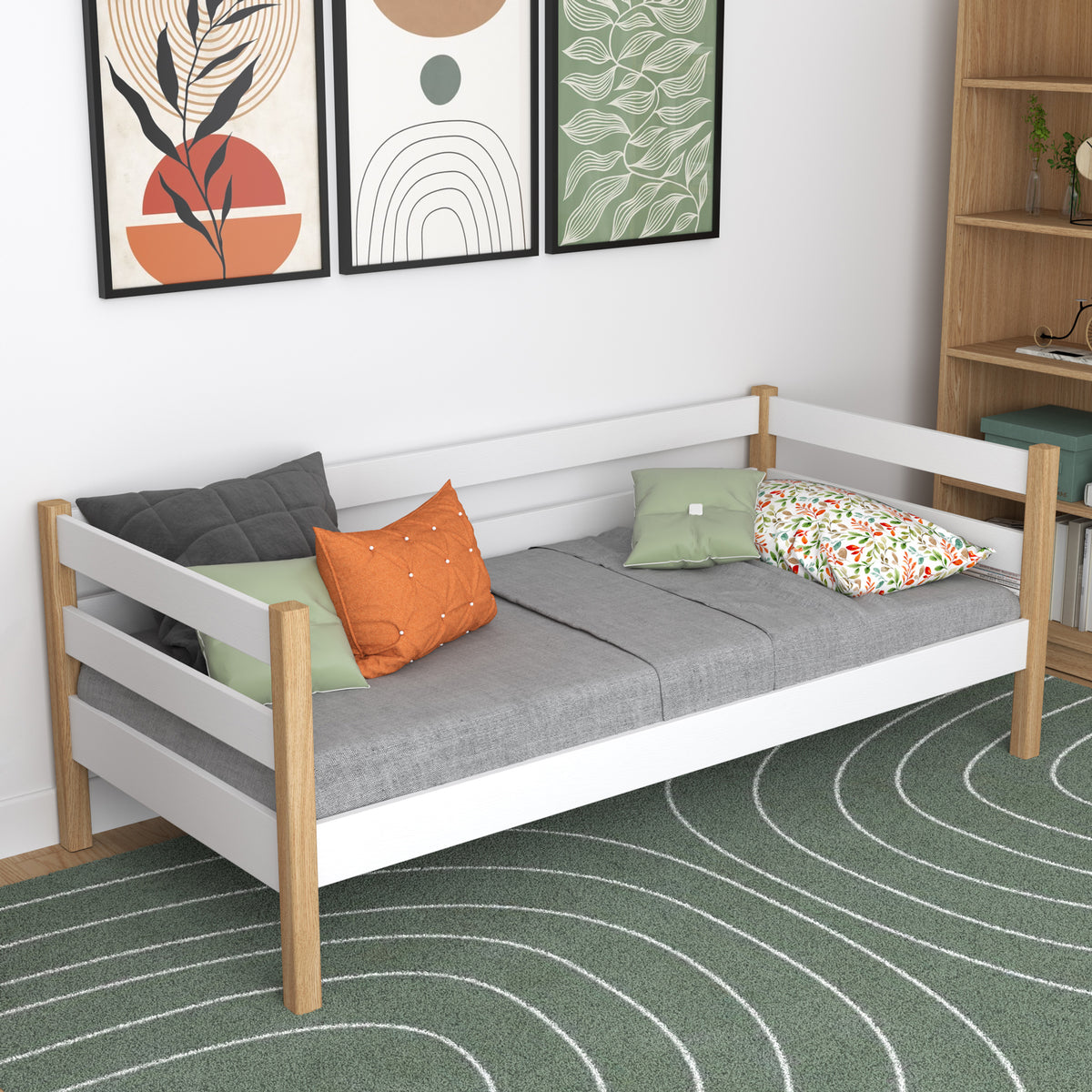Sofa-lit en bois blanc-chêne – vue de côté, forme et proportions du meuble