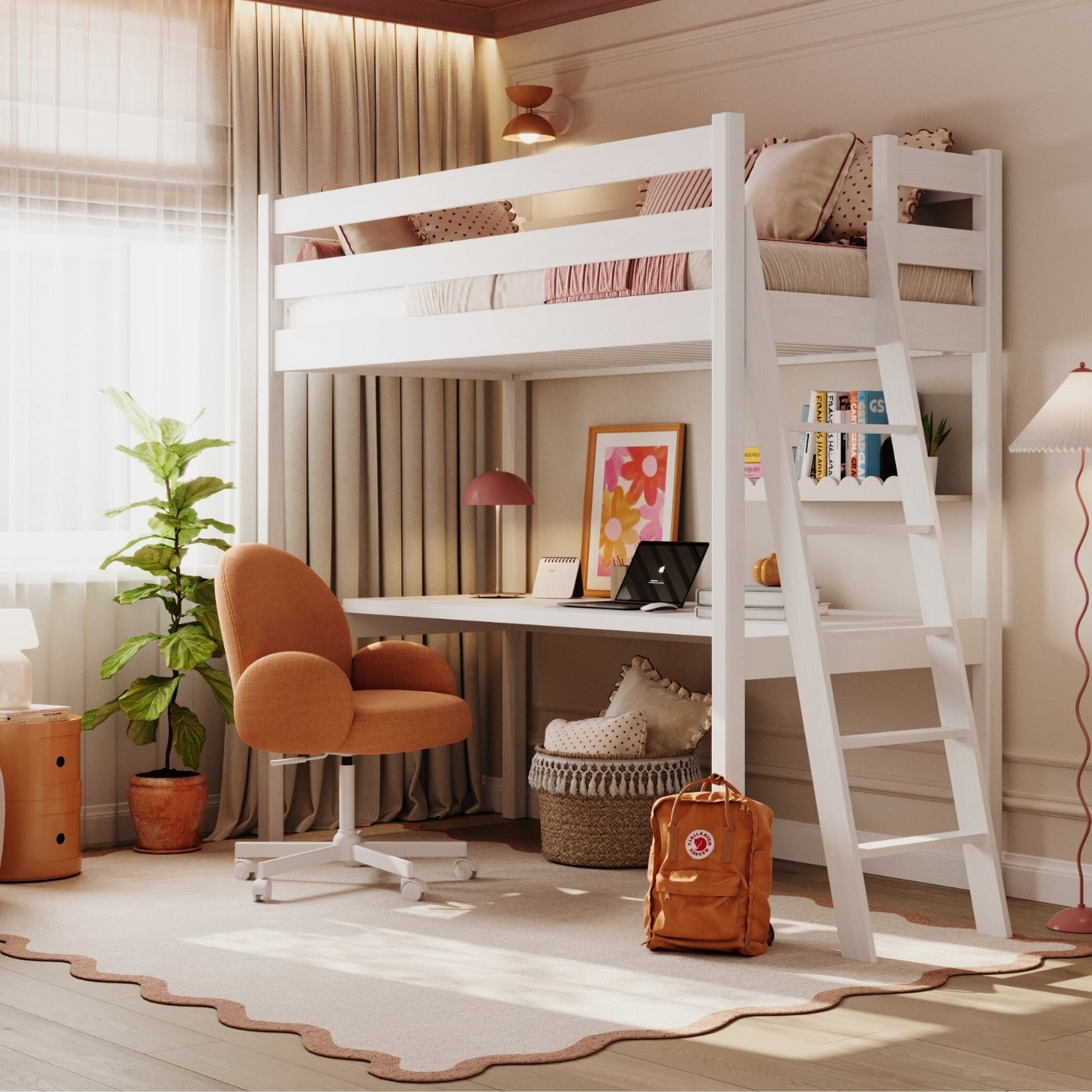 Lit mezzanine avec bureau en bois blanc – échelle i barrière ochronna