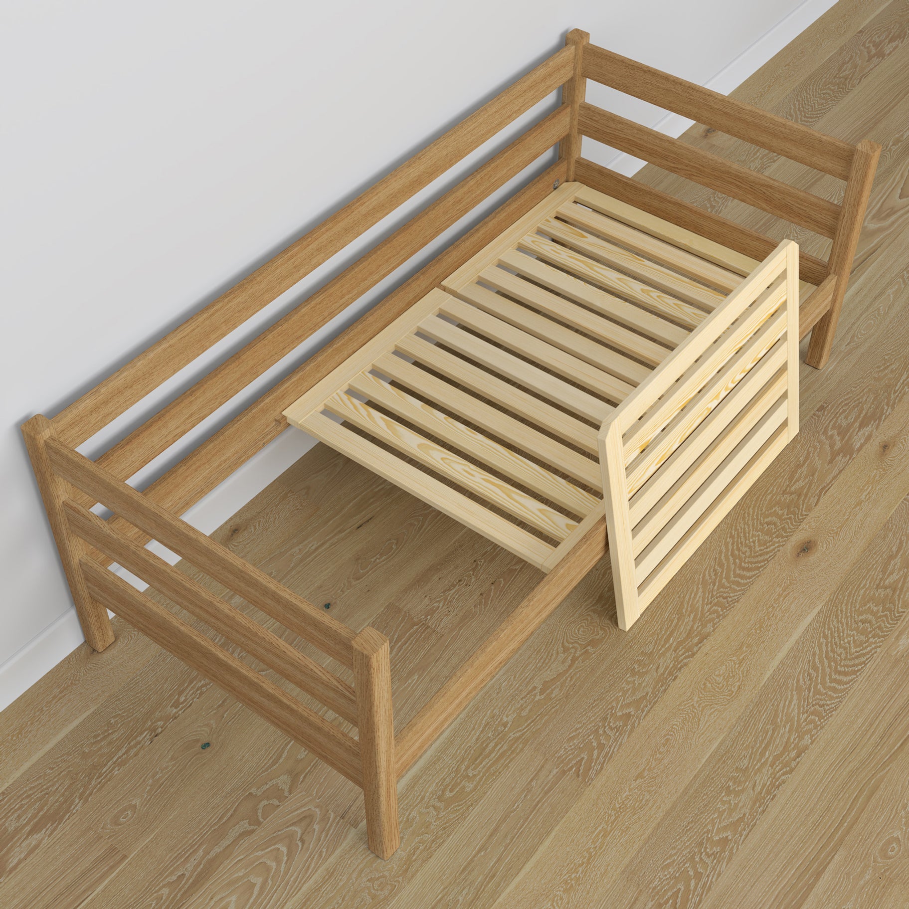 Sofa-lit en chêne chêne naturel – vue de la tête de lit, chambre d'enfant