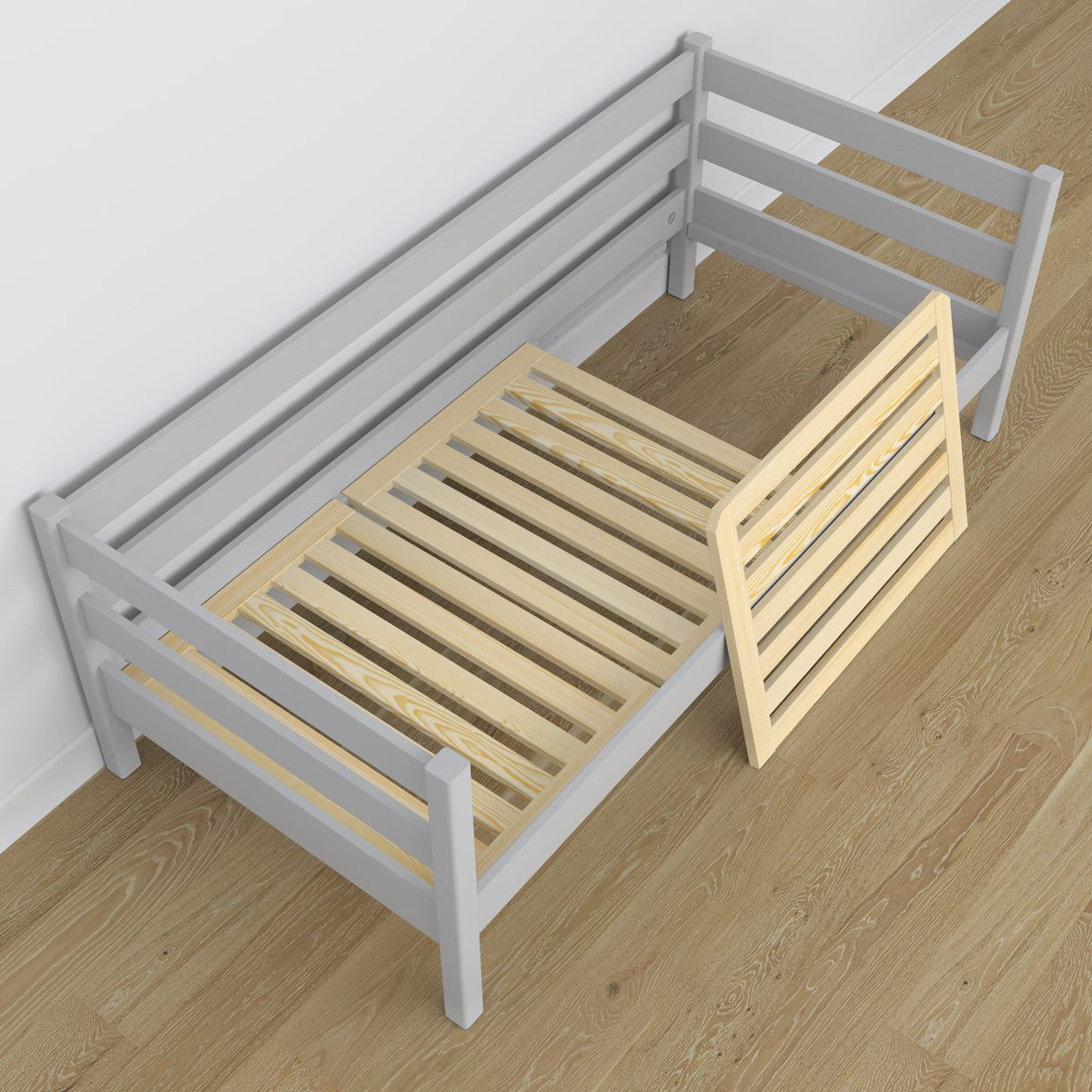 Sofa-lit en bois gris – vue en biais, scandinave