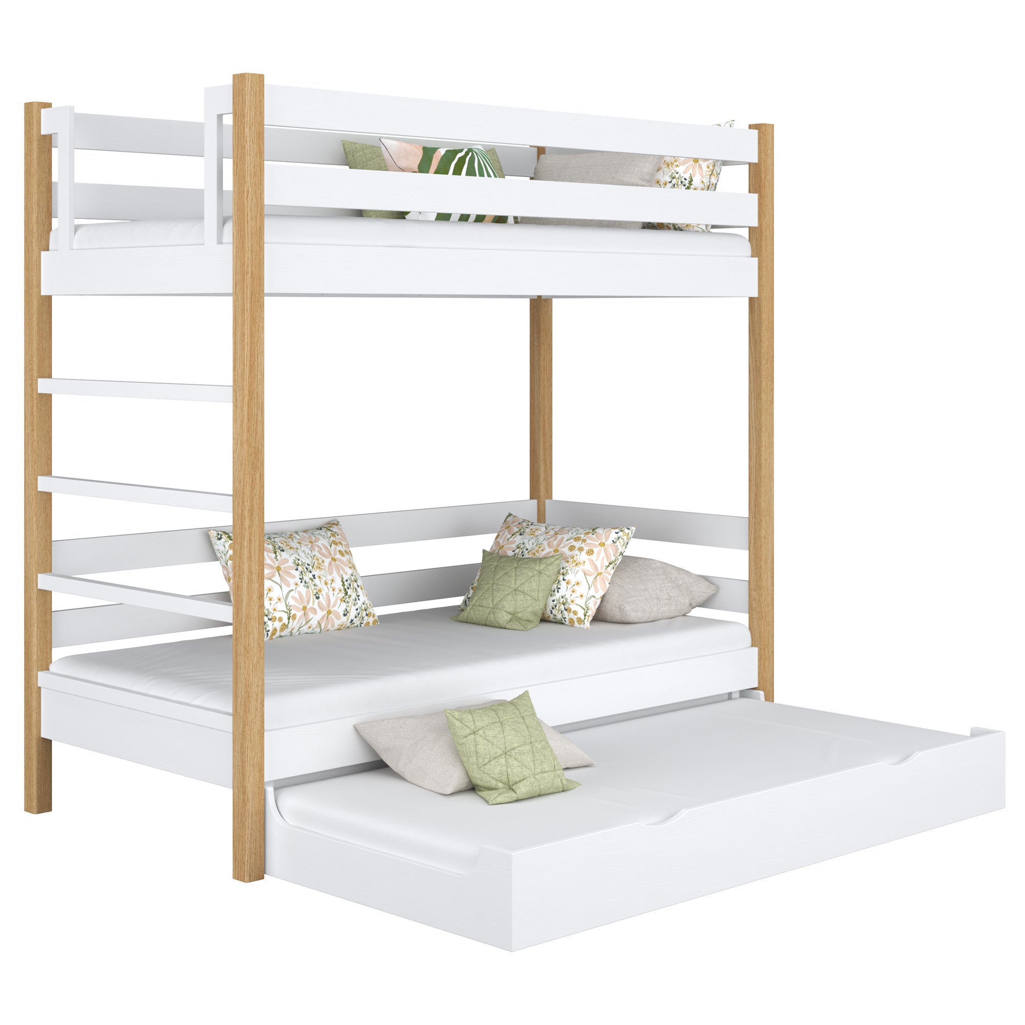 Lit superposé en bois blanc-chêne – échelle, barrières, tiroir na dodatkowy matelas
