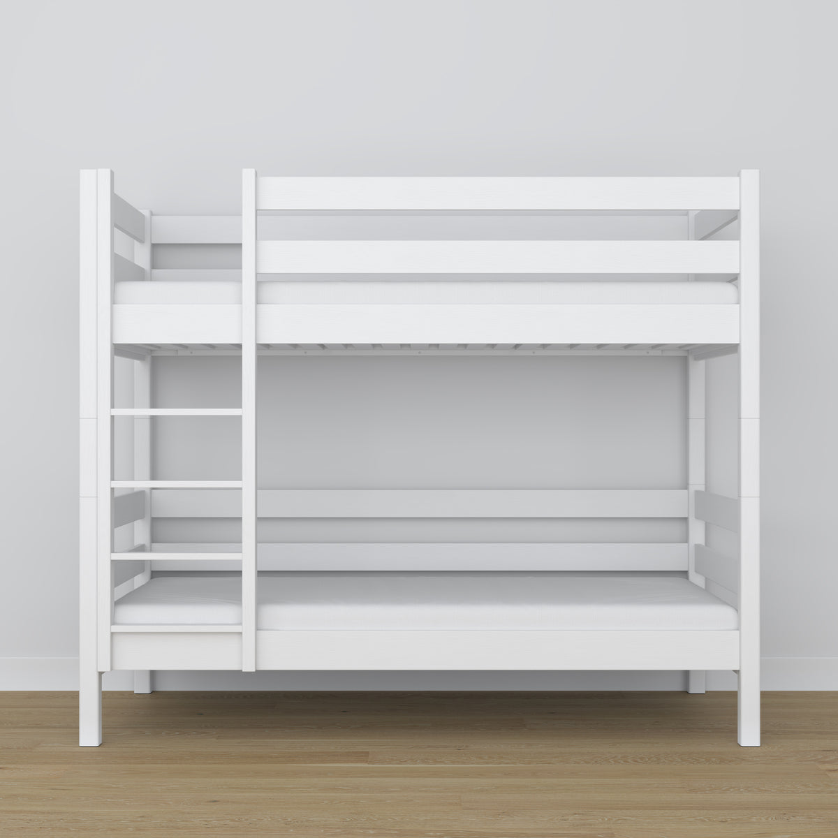 Lit superposé en bois blanc – gros plan sur les assemblages et détails du bois