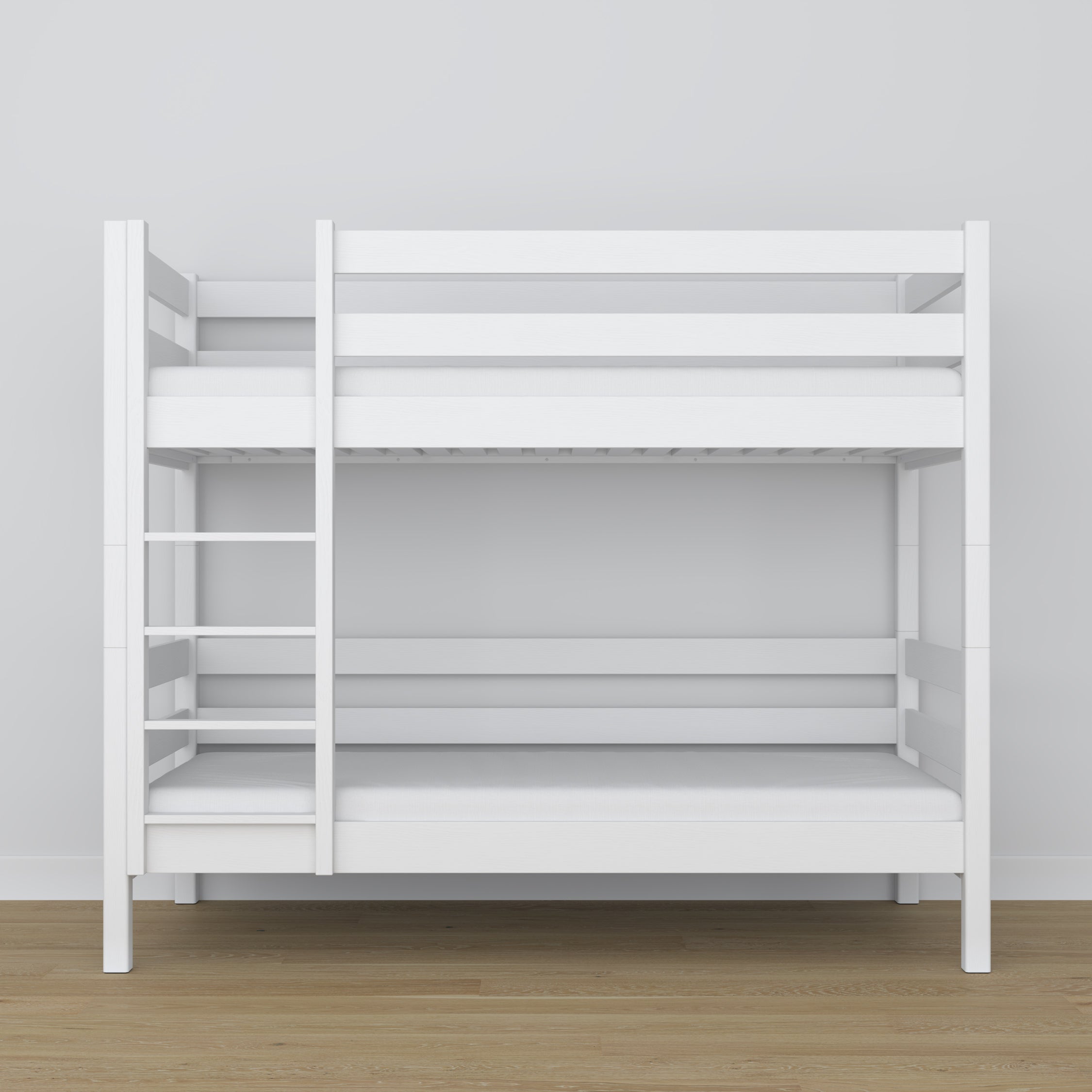 Lit superposé en bois blanc – gros plan sur les assemblages et détails du bois