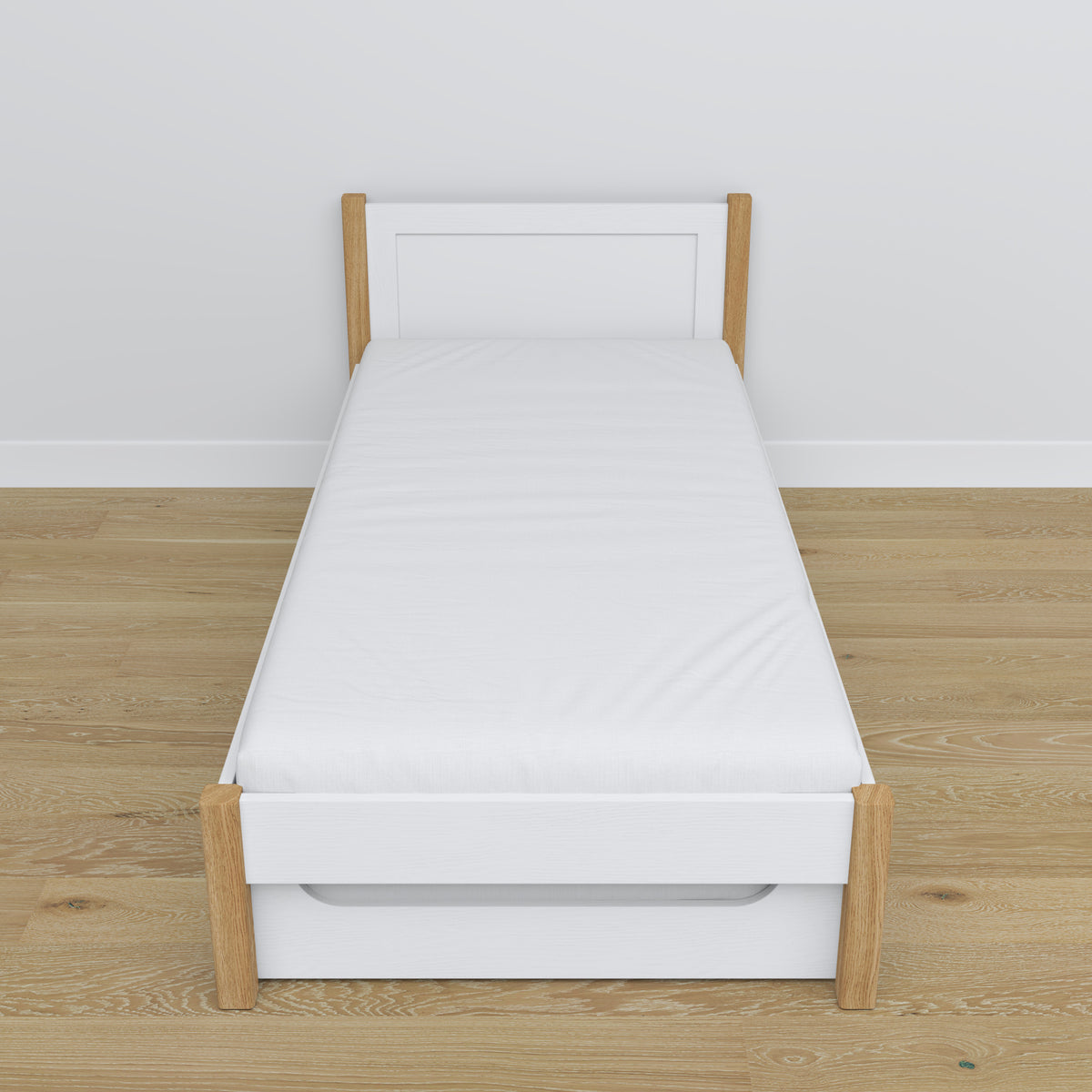 Lit blanc-chêne – tiroir na matelas, détails en bois, Nizio Home