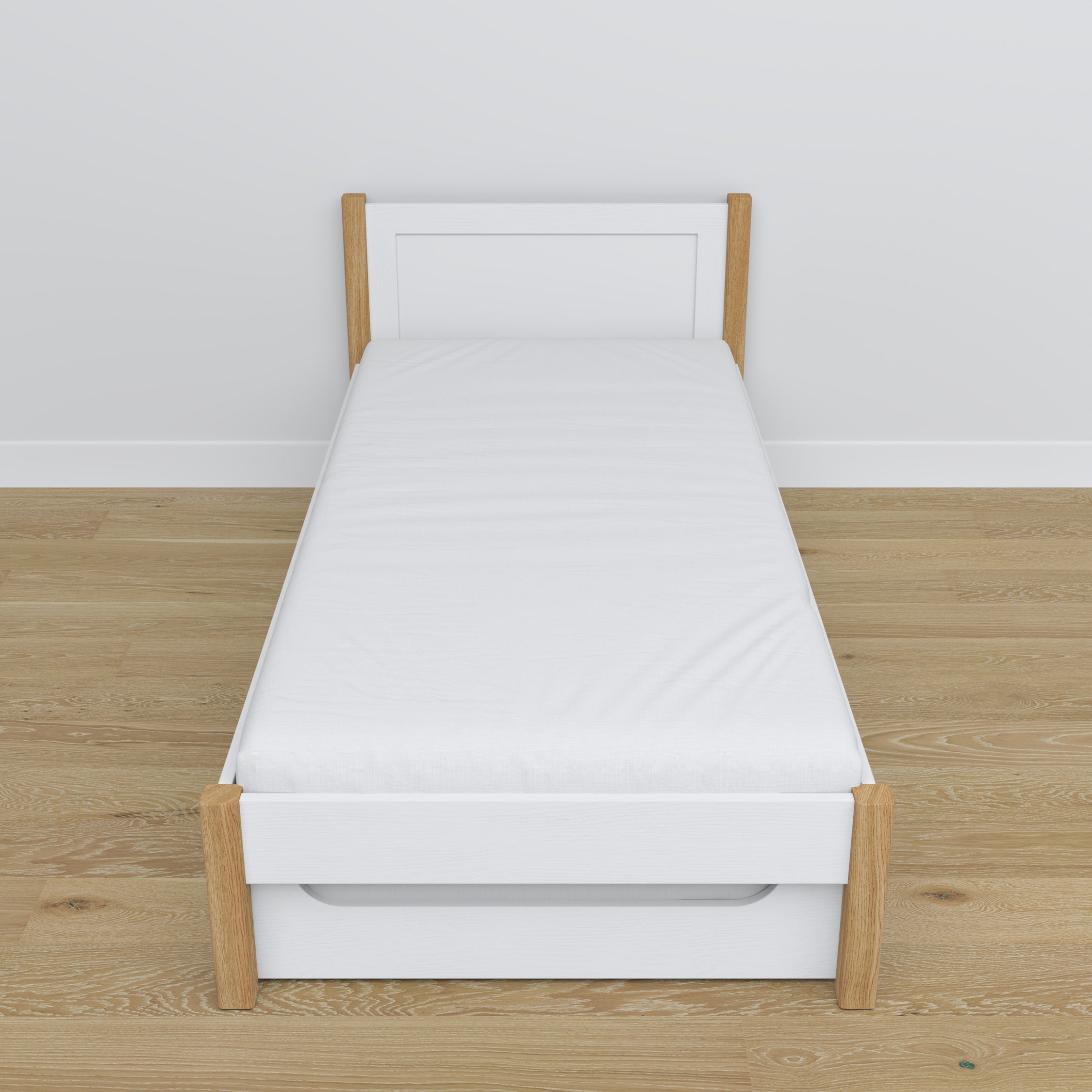 Lit blanc-chêne – tiroir na matelas, détails en bois, Nizio Home
