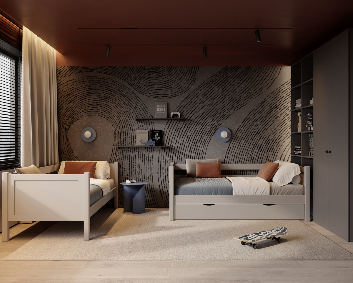 Lit superposé en bois gris – dimensions et schéma z tiroir na matelas