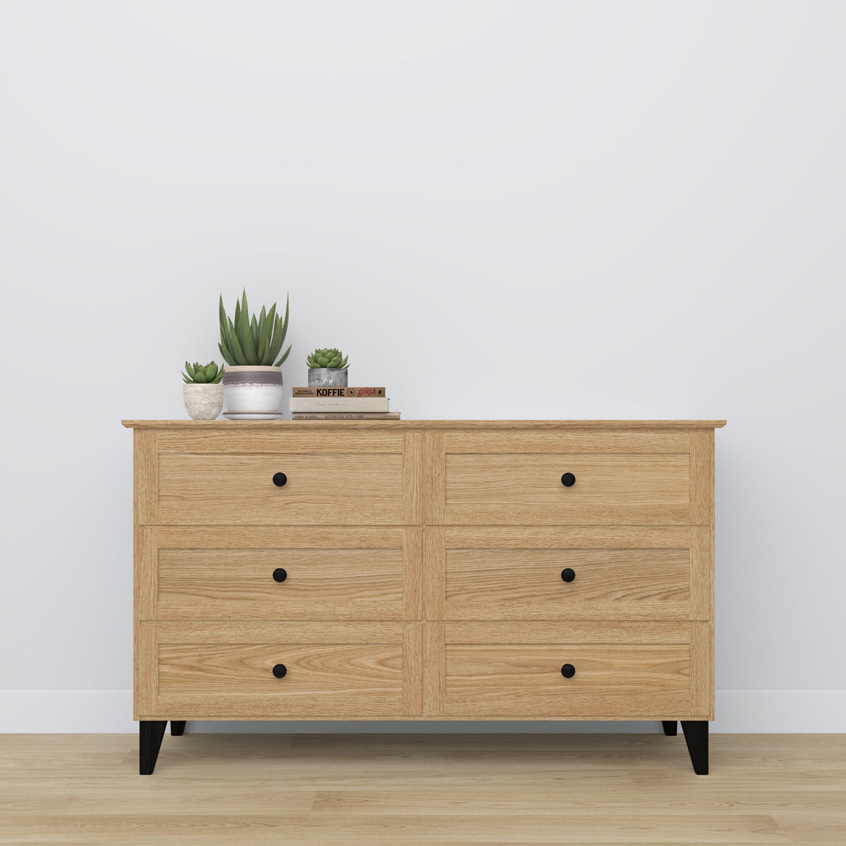 Commode 6S chêne naturel avec noir en chêne – vue de côté, profondeur i profil