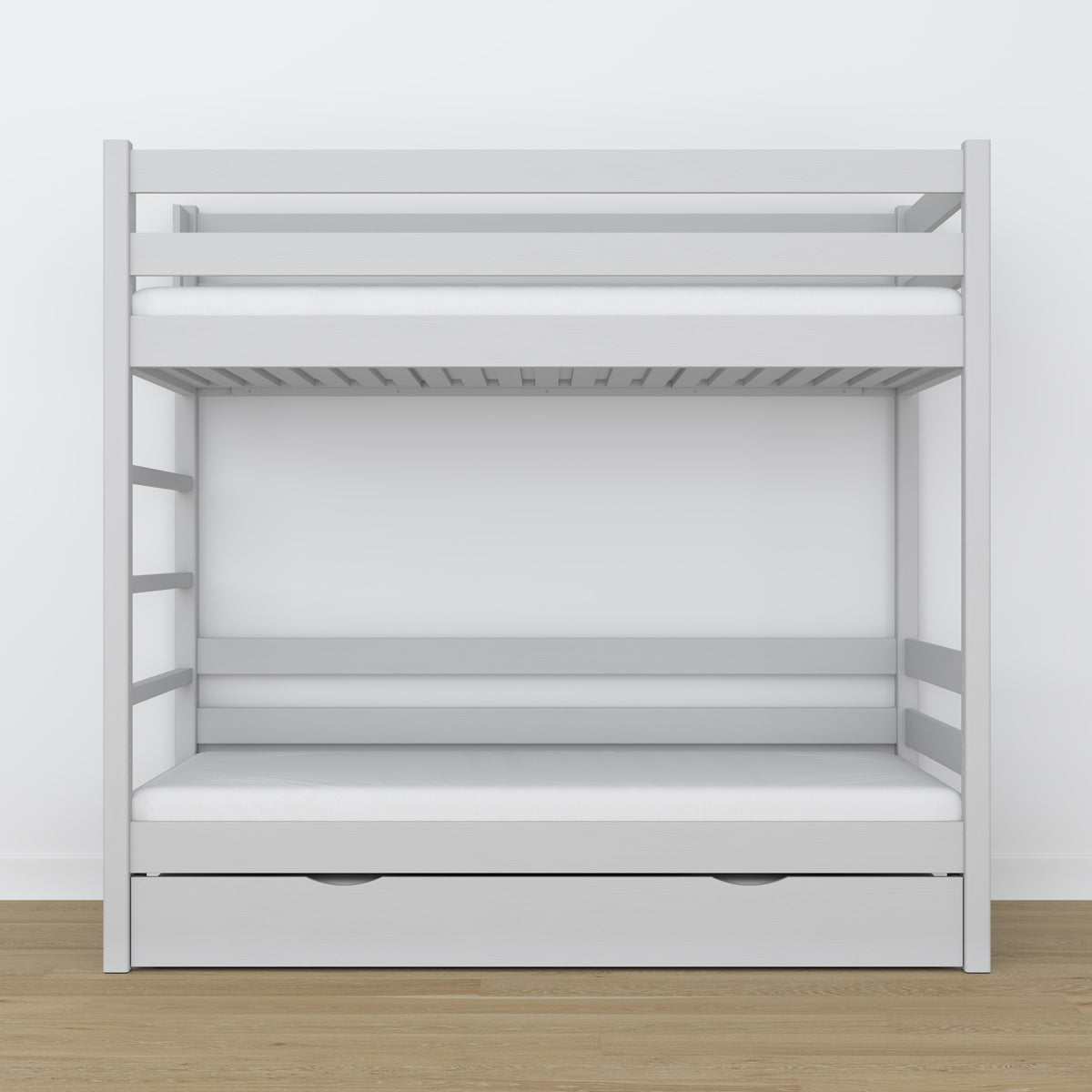 Lit superposé en bois gris – intérieur du tiroir na matelas, chambre d'enfant