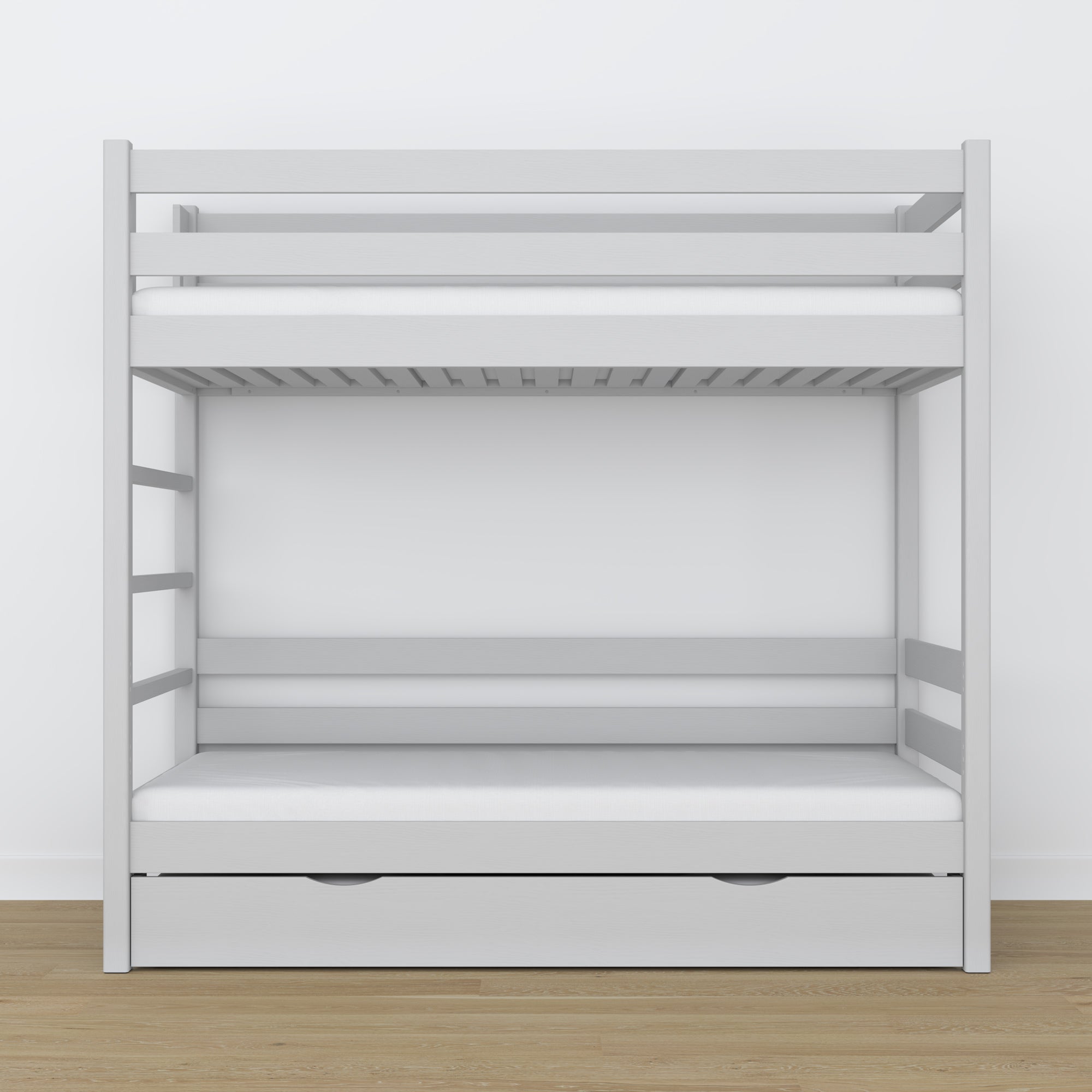 Lit superposé en bois gris – intérieur du tiroir na matelas, chambre d'enfant