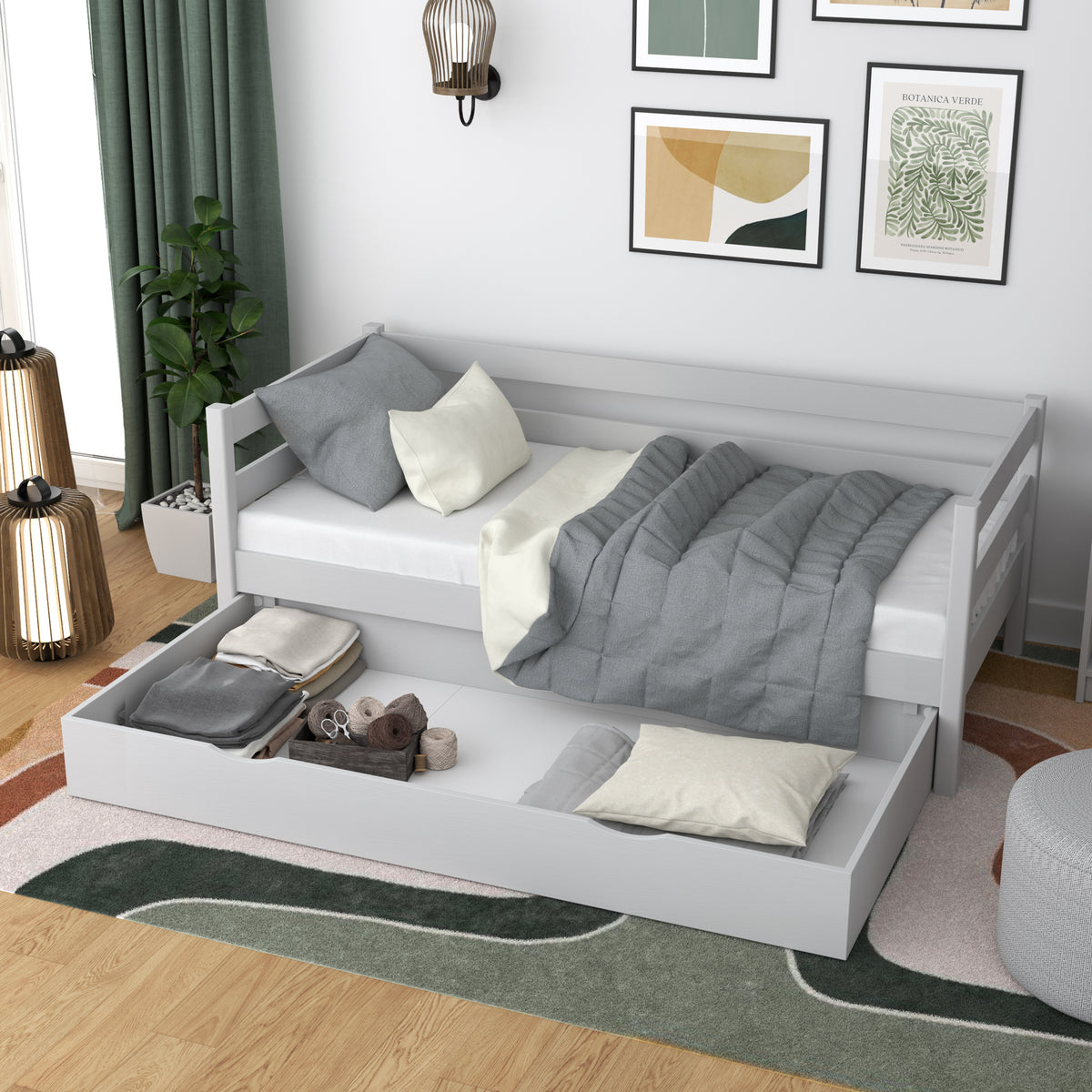 Sofa-lit en bois gris – tiroir ouvert, rangement pour literie