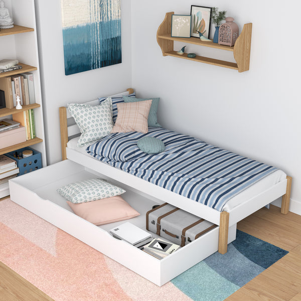 Lit blanc-chêne z tiroir – rangement spacieux, en bois, pour enfants Nizio