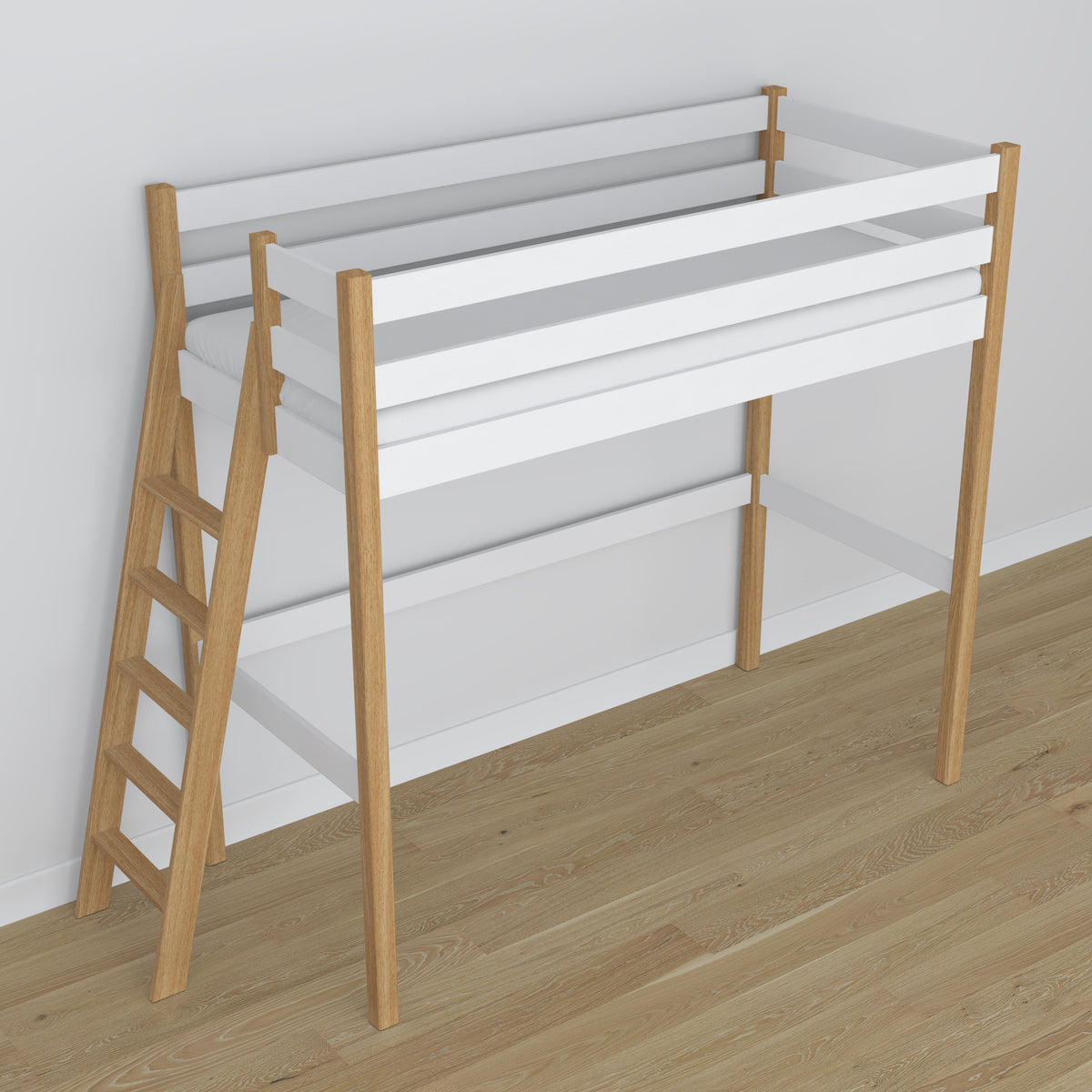 Lit mezzanine en bois blanc-chêne – détails des assemblages et de l'échelle, Nizio Home