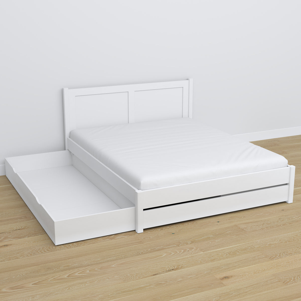Lit double blanc z tiroir w chambre – décoration scandinave