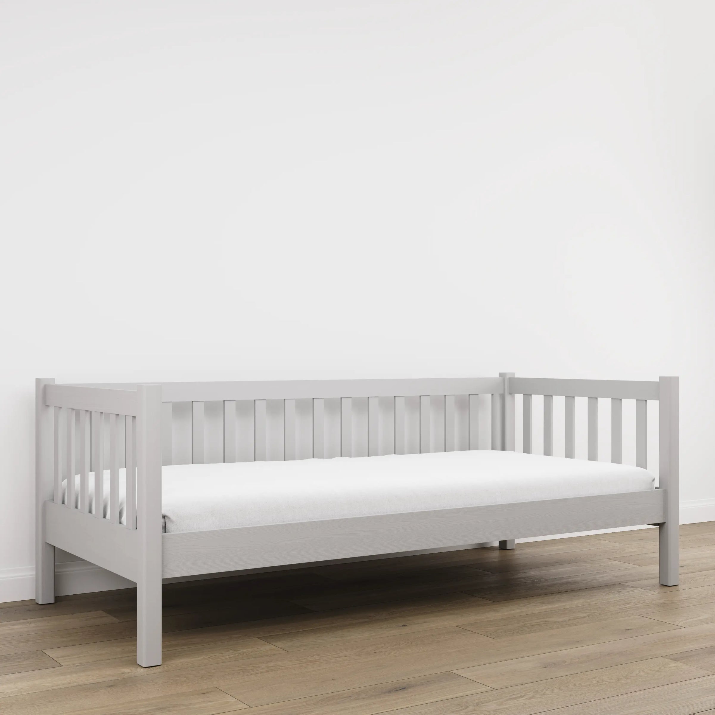 Sofa-lit gris – barrière latérale en bois, sécurité pour les enfants