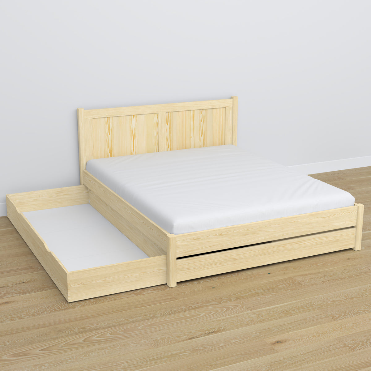 Lit double avec tiroir en bois pin incolore – tiroir ouvert, intérieur spacieux