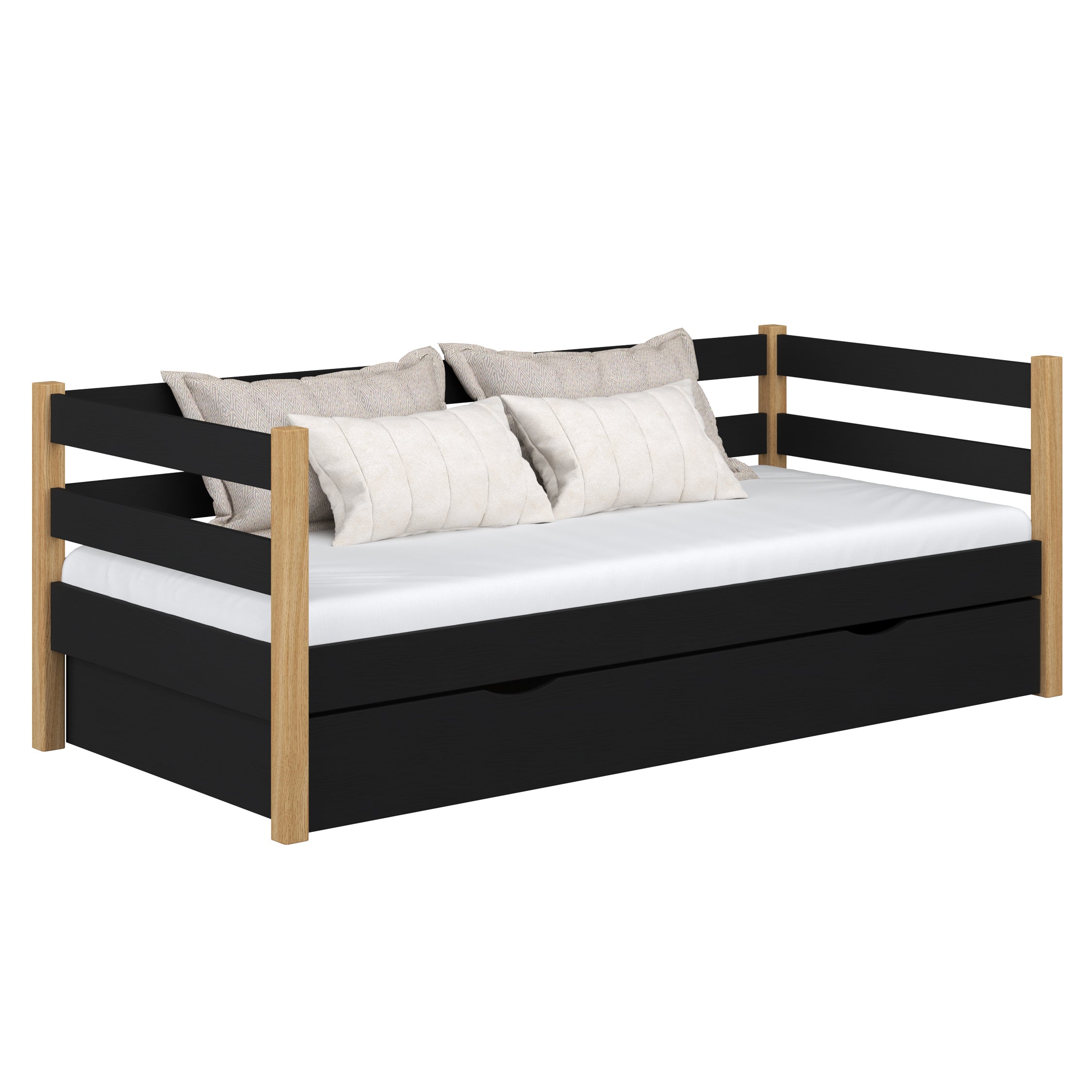 Sofa-lit avec tiroir en bois noir-chêne – chambre d'enfant, style scandinave Nizio