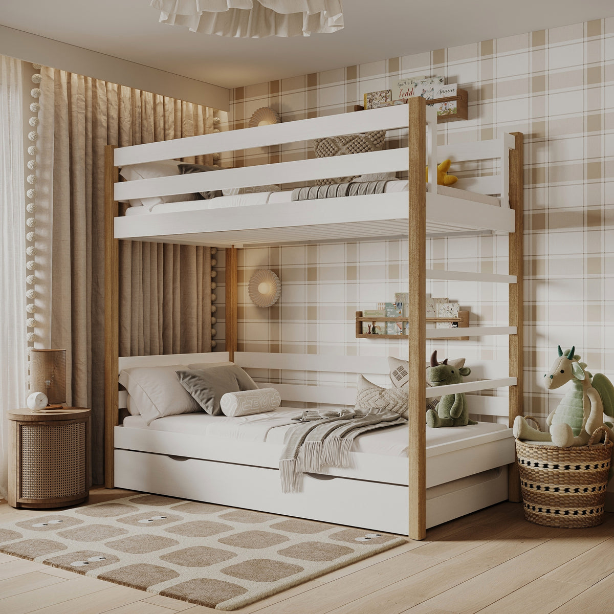 Lit superposé blanc-chêne z tiroir na matelas – barrière, en bois, Nizio Home