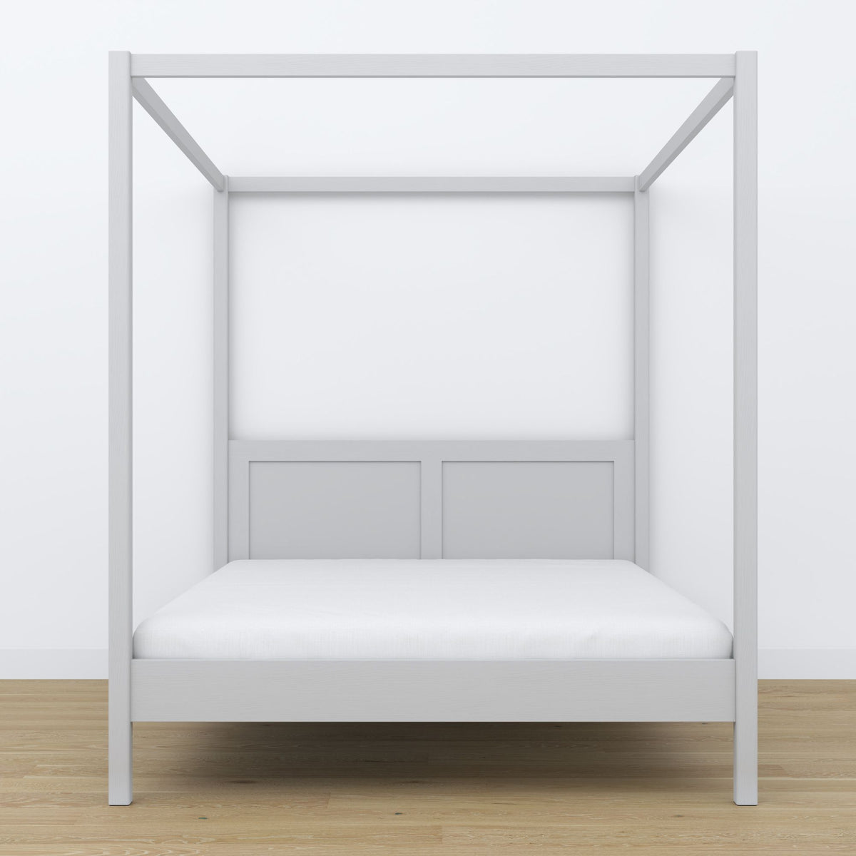 Lit double gris avec baldaquin – angle du cadre en bois, gros plan