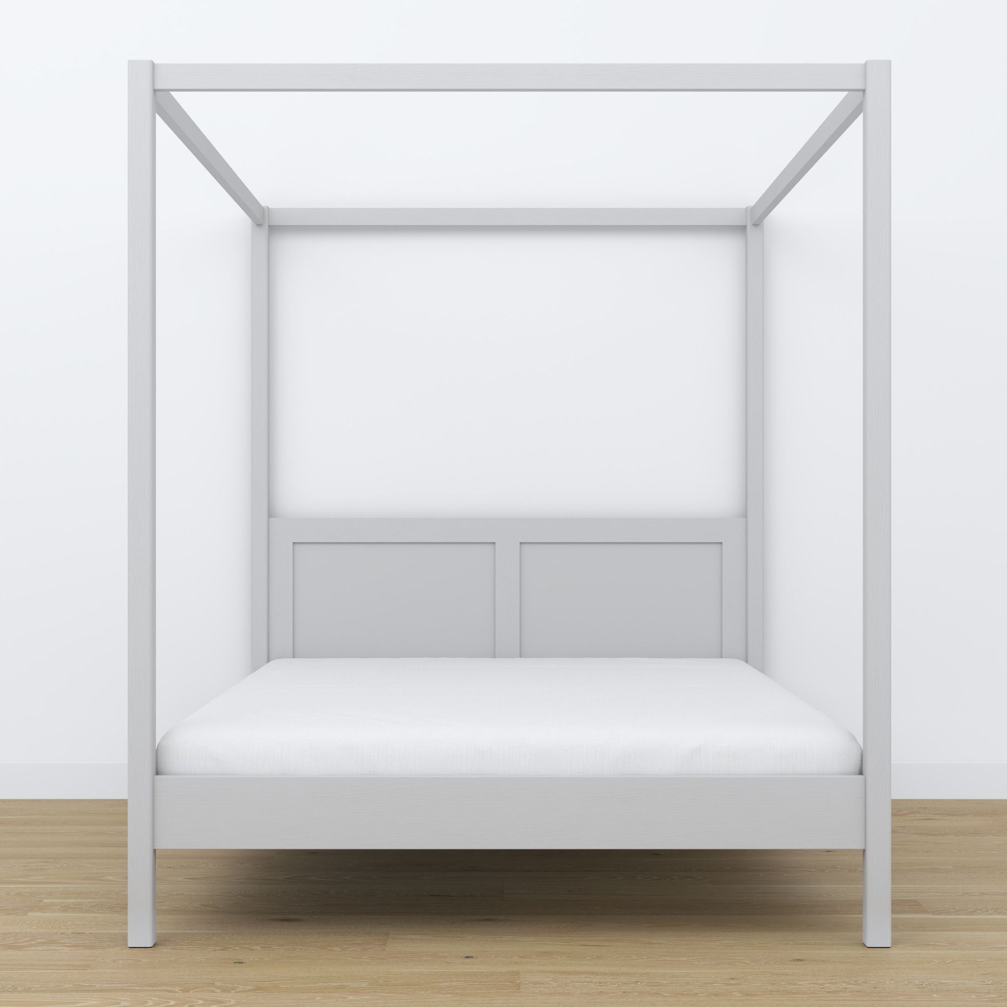 Lit double gris avec baldaquin – angle du cadre en bois, gros plan