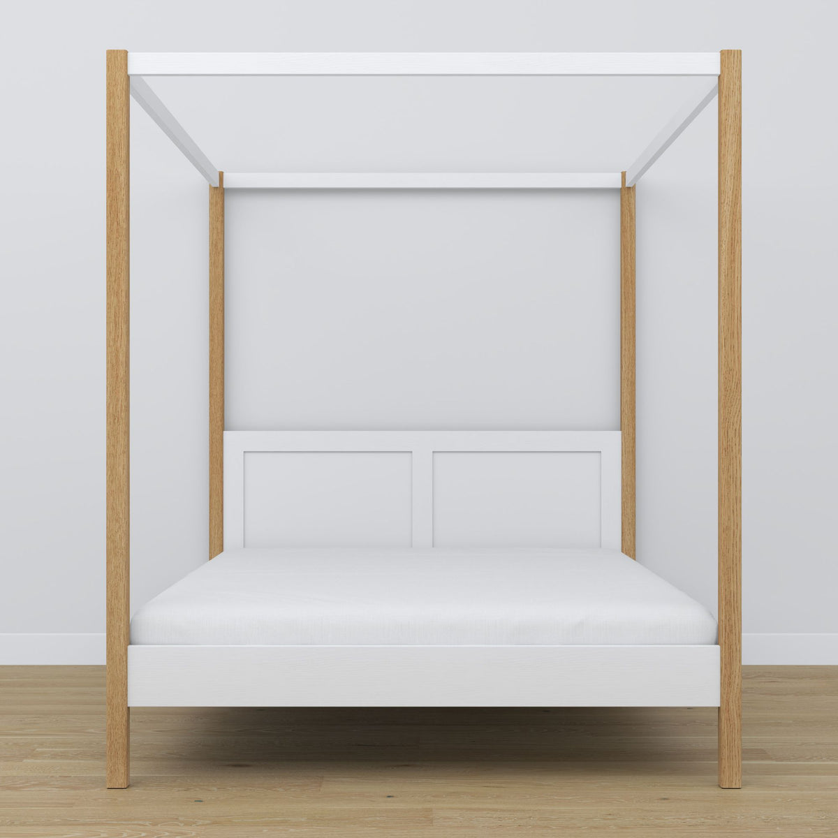 Lit double blanc-chêne avec baldaquin – angle du cadre en bois, gros plan