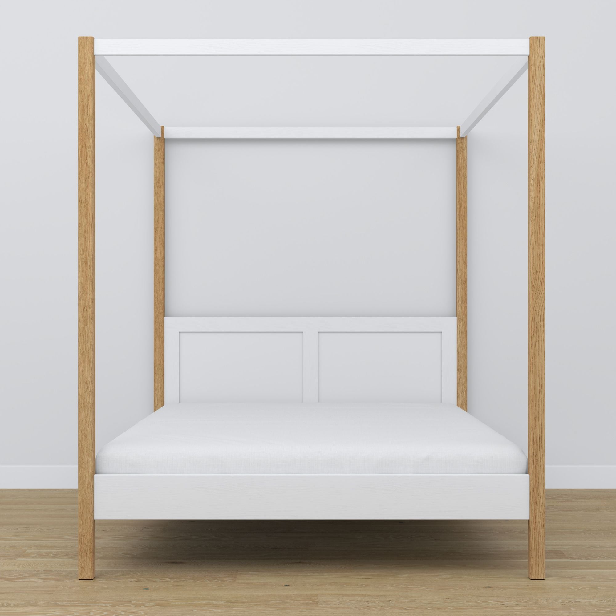 Lit double blanc-chêne avec baldaquin – angle du cadre en bois, gros plan