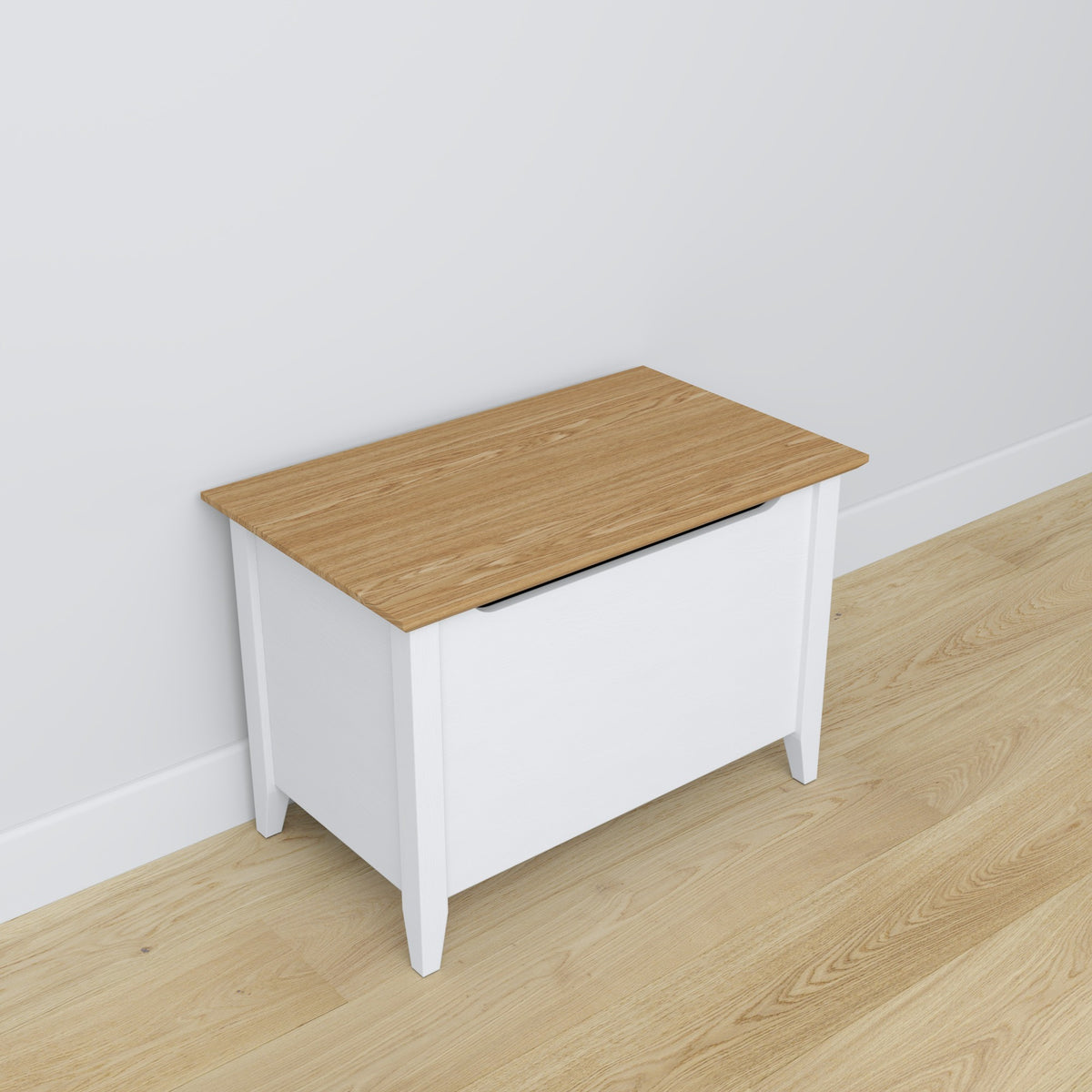 Kufer biały z dębem z drewna – widok boczny, proporcje mebla, Nizio