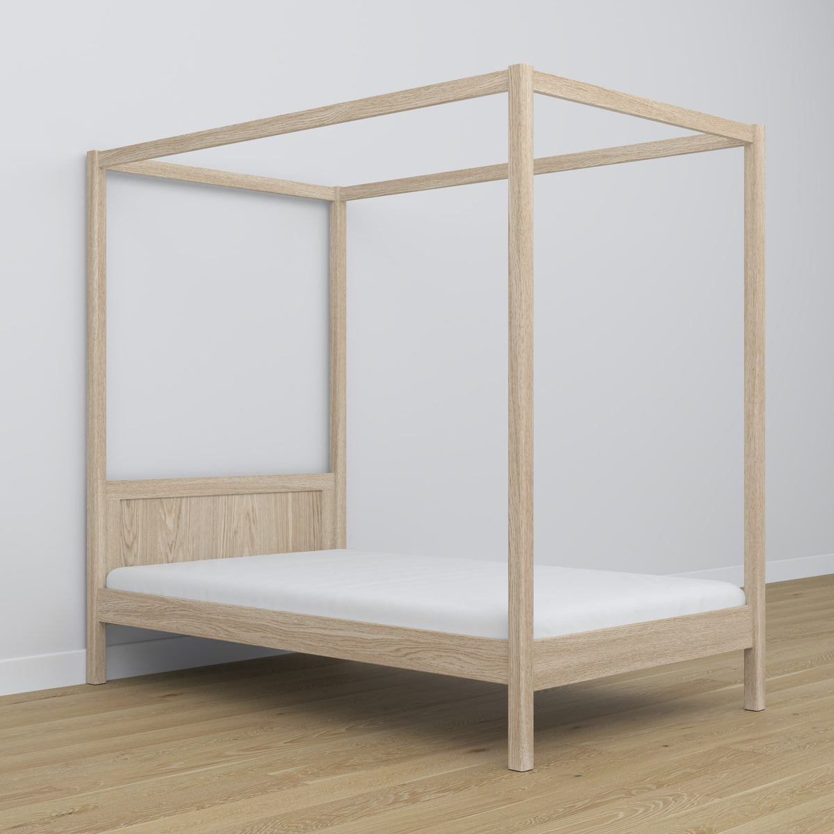 Lit chêne blanchi avec baldaquin – cadre décoratif en chêne, sécurisé pour les enfants