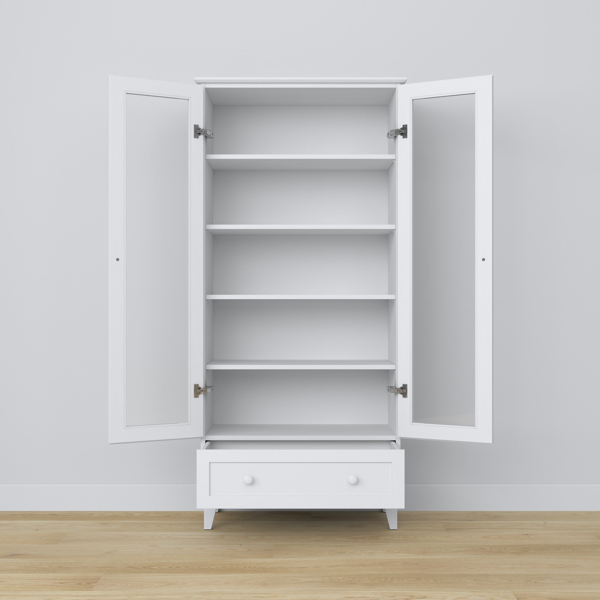 Vitrine 1S en bois blanc – portes ouvertes, étagères i tiroir l'intérieur