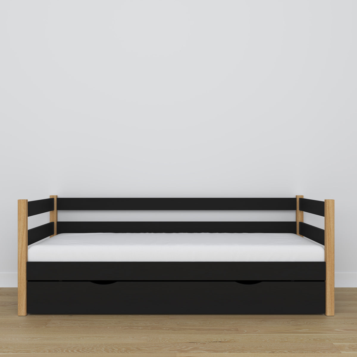 Sofa-lit avec tiroir noir-chêne en bois – dimensions et schéma, Nizio