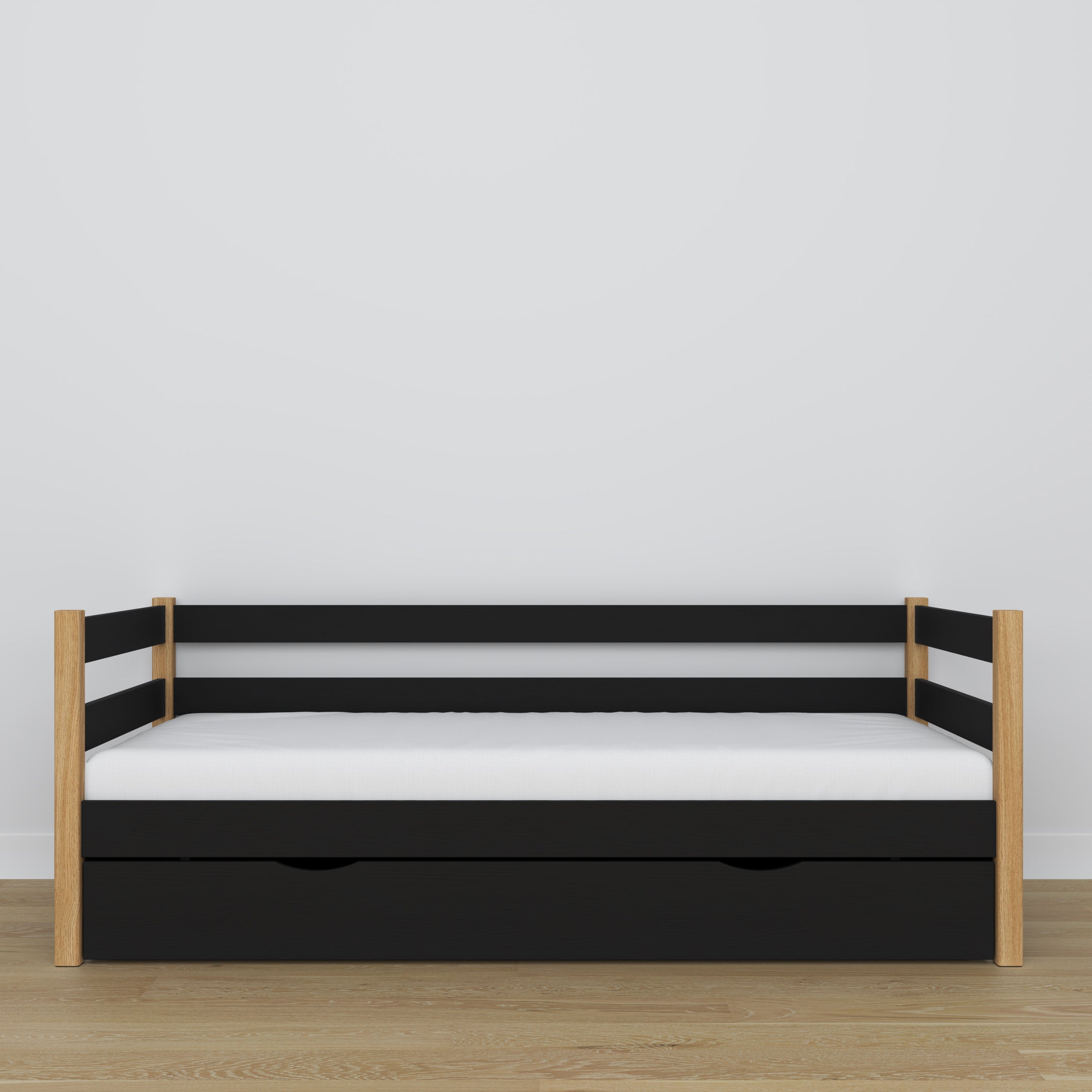 Sofa-lit avec tiroir noir-chêne en bois – dimensions et schéma, Nizio