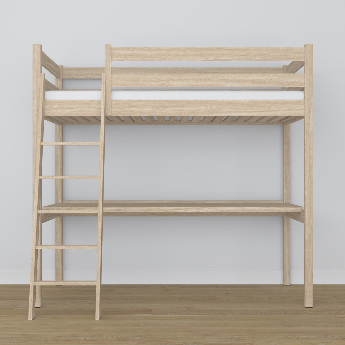 Lit mezzanine avec bureau en chêne chêne blanchi – détails des assemblages et de l'échelle