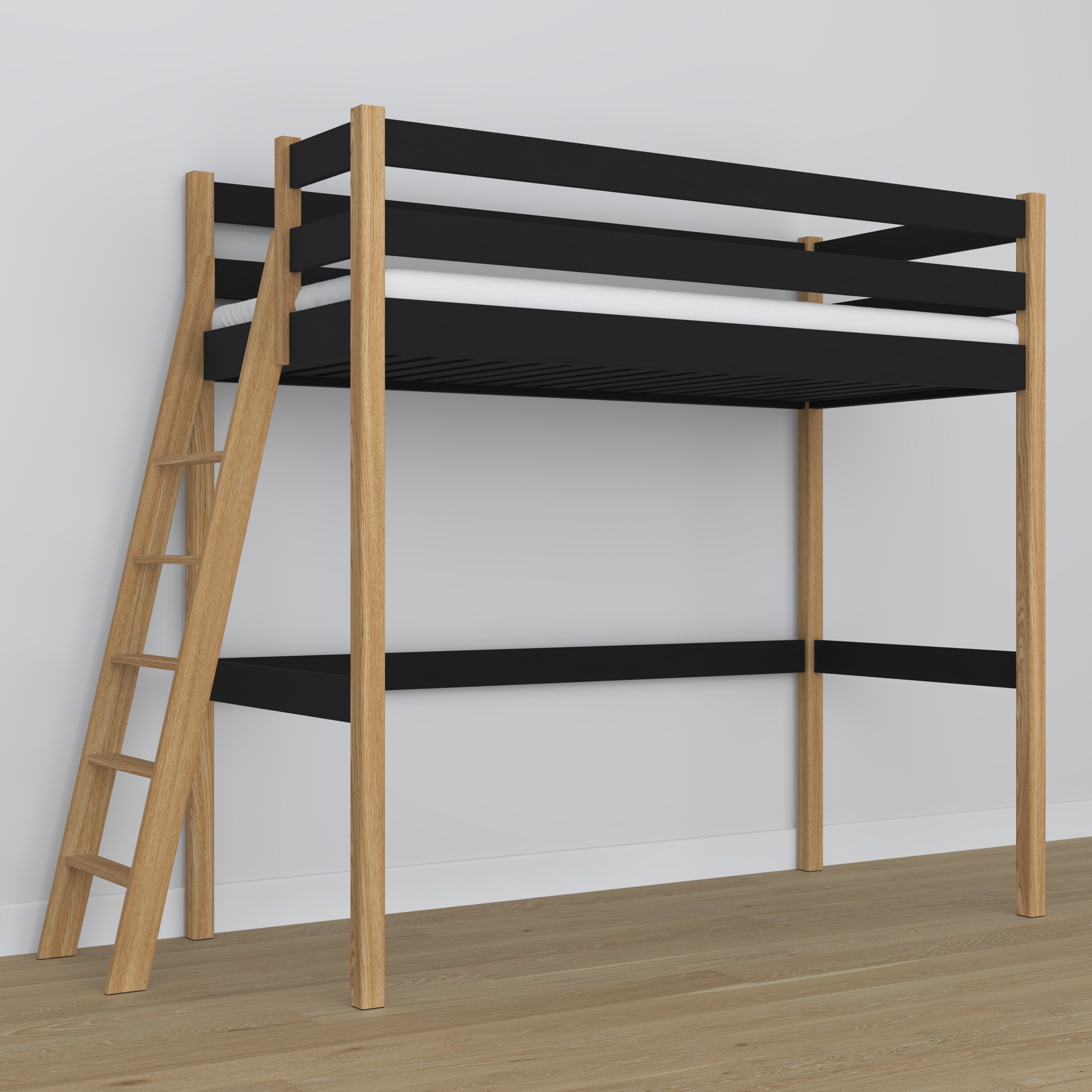Lit mezzanine noir-chêne en bois – dimensions et schéma, Nizio