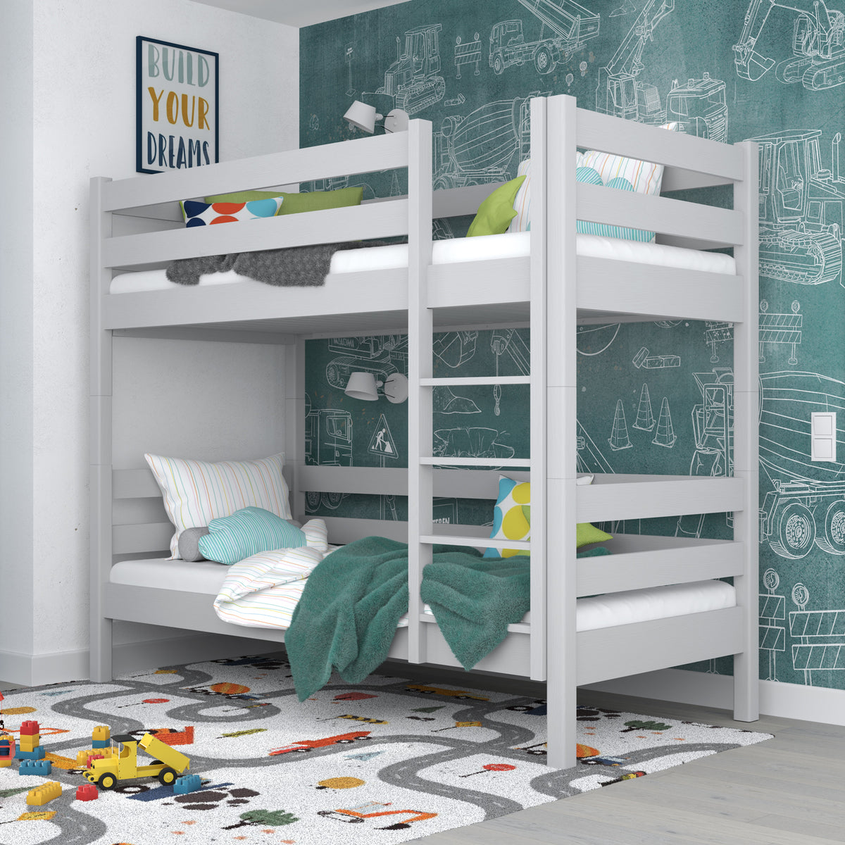 Lit superposé en bois gris – dwie chambree w jednym, construction sécurisée