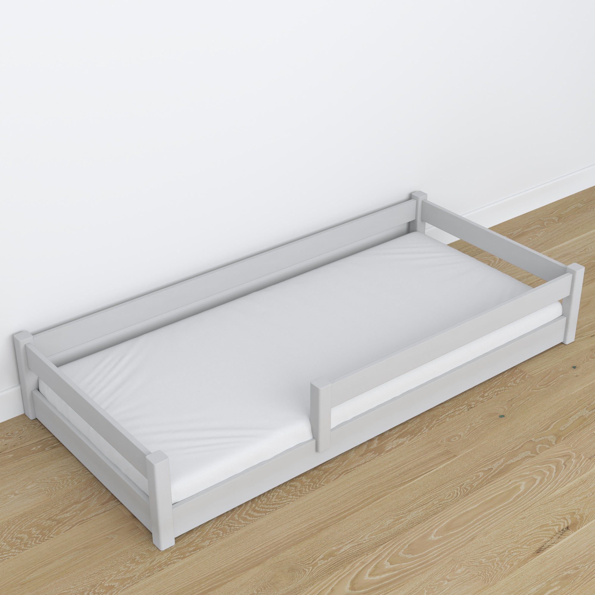 Lit bas gris w chambre – décoration scandinave, en bois