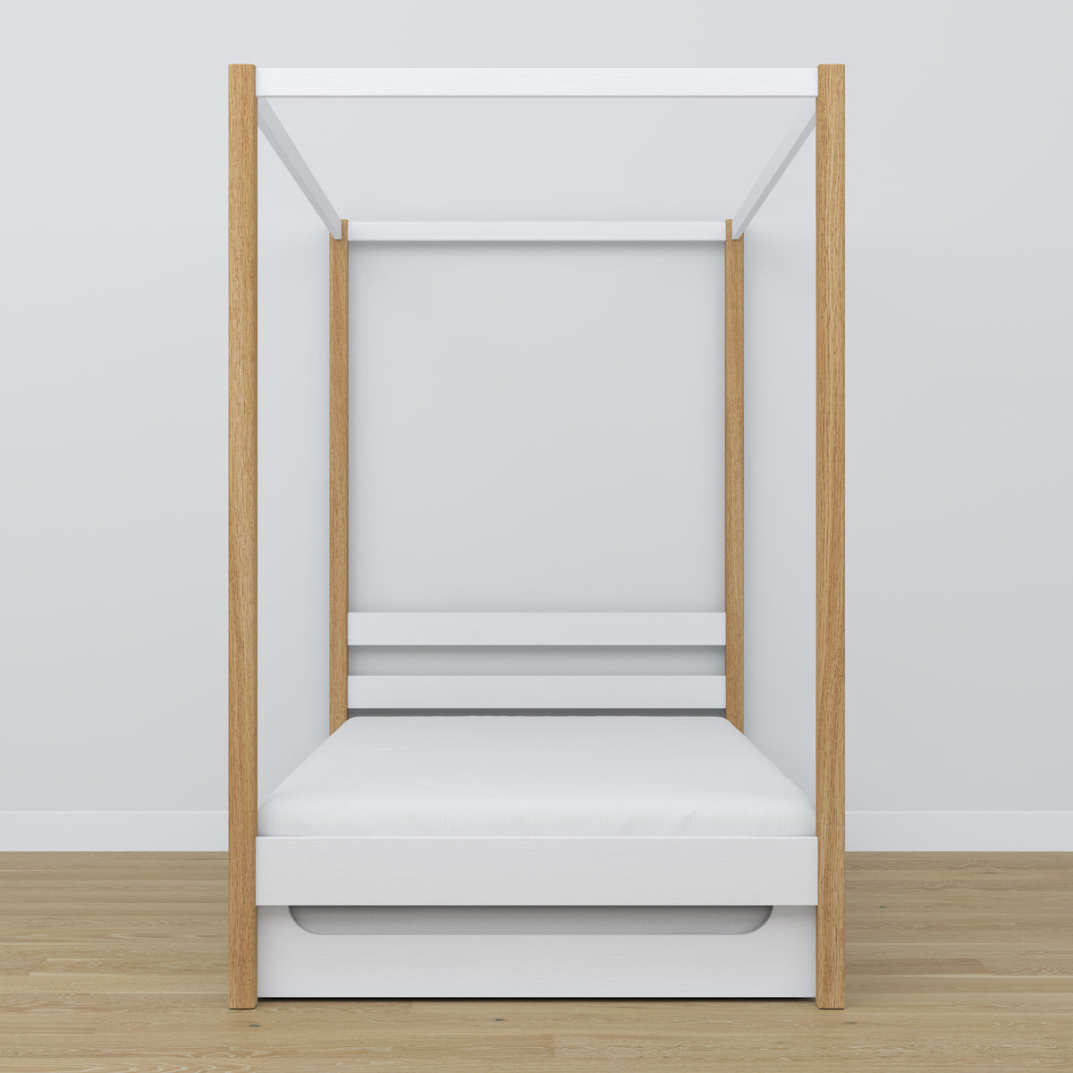 Bed white/oak canopy bed with drawer – side view, wooden, Nizio