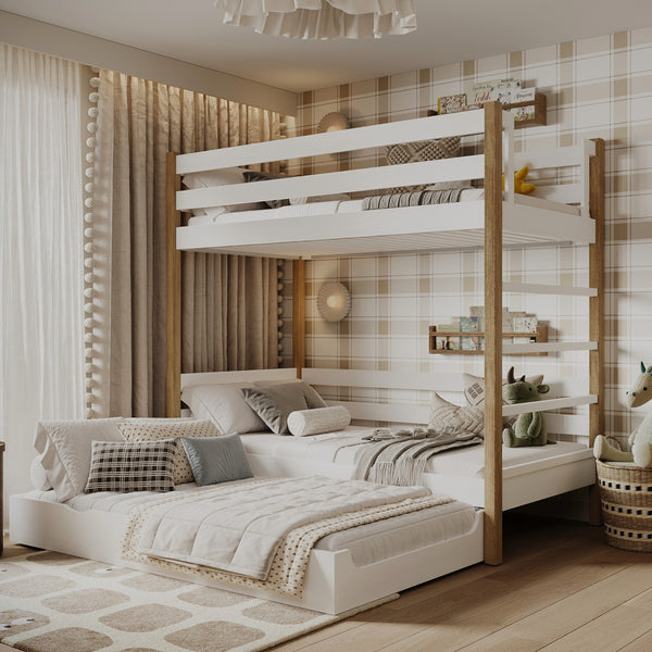 White and Oak Wooden Bunk Bed with Mattress Drawer – Scandi Children’s Room