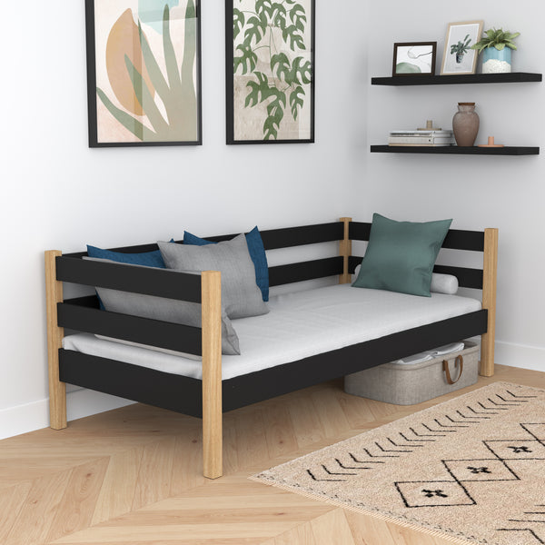 Sofa-lit noir-chêne – barrière latérale en bois, sécurité pour les enfants