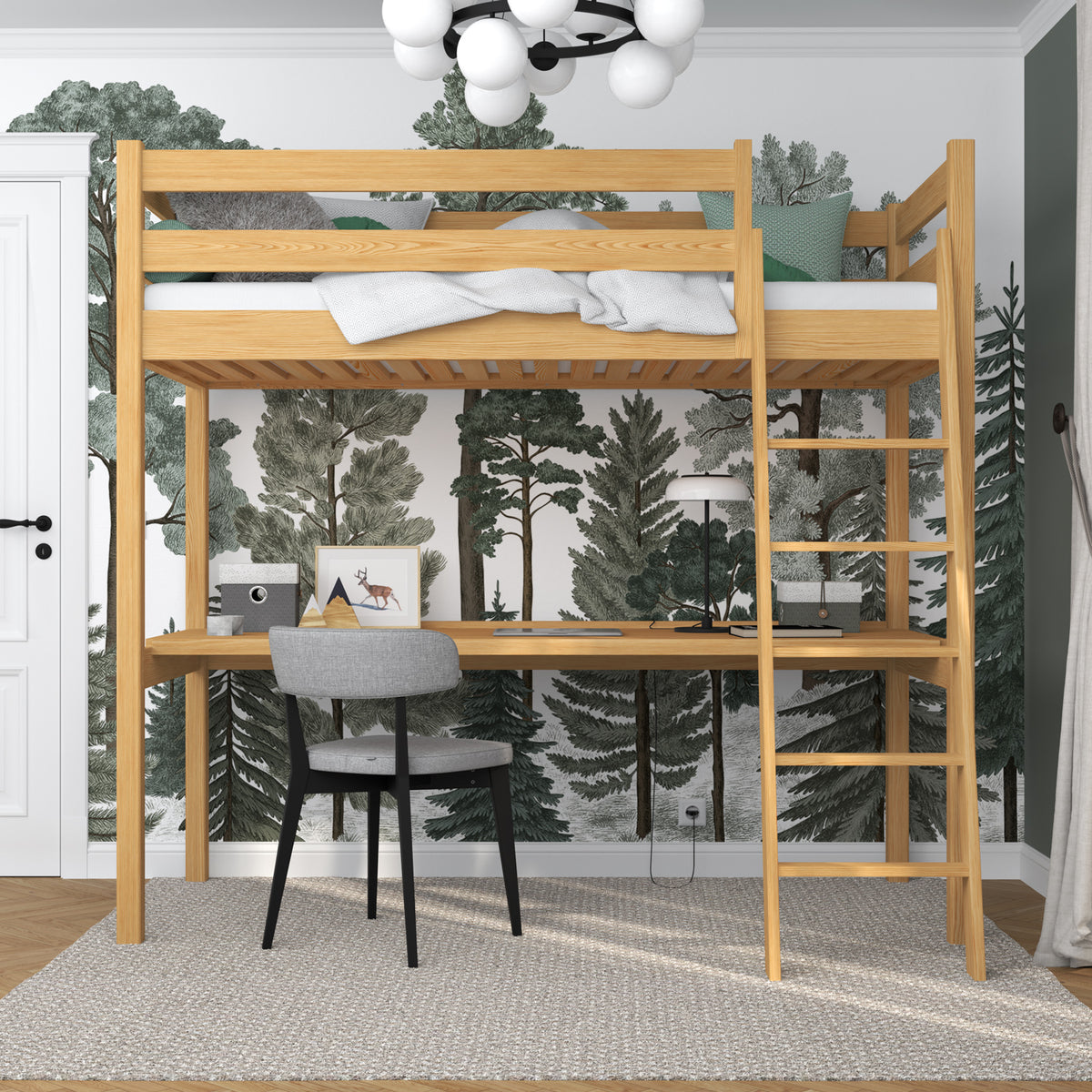 Lit mezzanine avec bureau en bois pin naturel – chambre d'enfant, scandinave Nizio