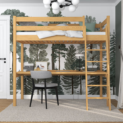Lit mezzanine avec bureau en bois pin naturel – chambre d'enfant, scandinave Nizio