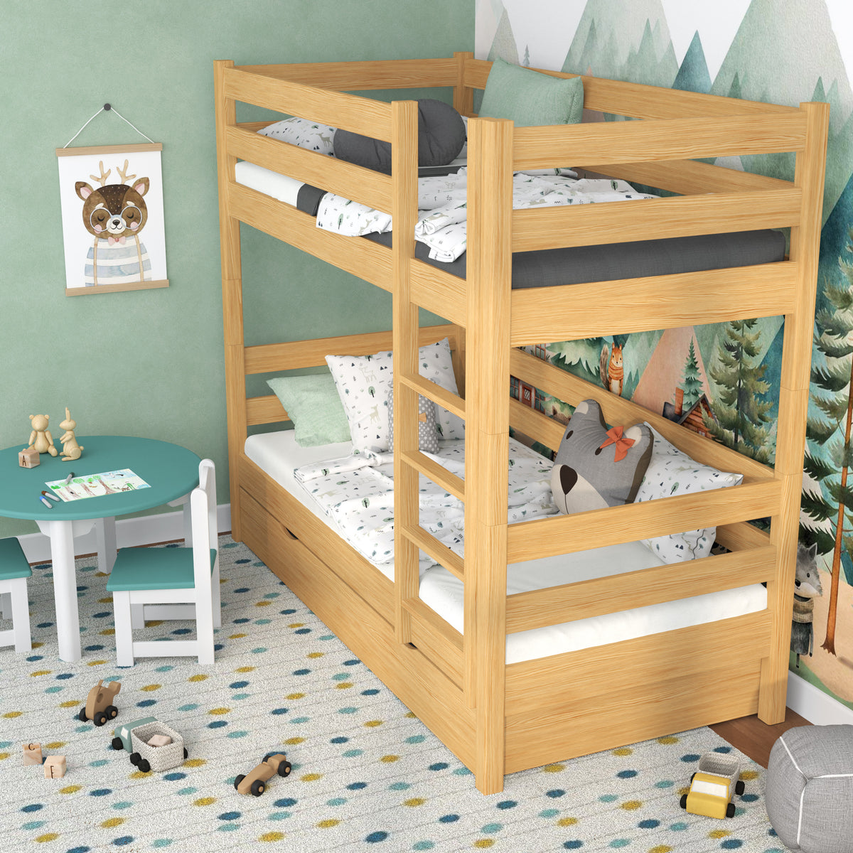 Lit superposé pin naturel pour enfants – dwie chambree i tiroir, en bois