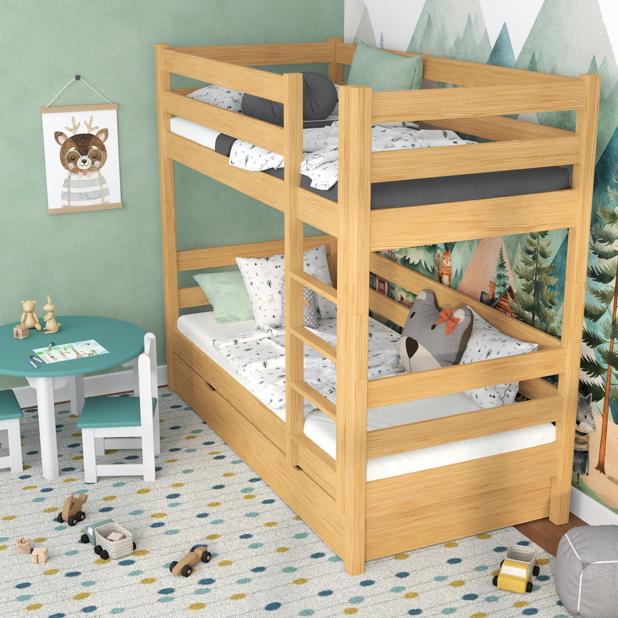 Lit superposé pin naturel pour enfants – dwie chambree i tiroir, en bois