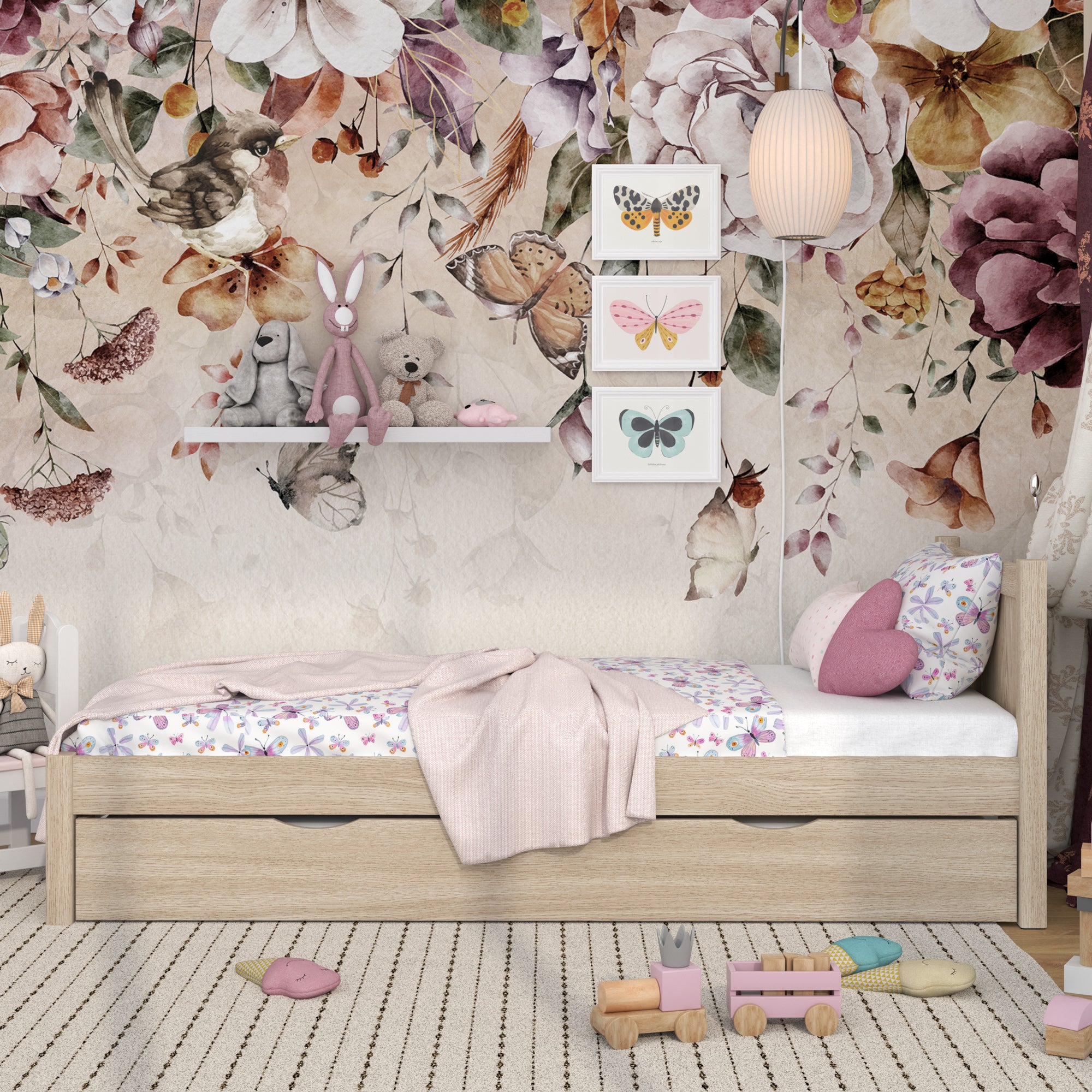 Lit chêne blanchi z tiroir na matelas – vue de côté, en chêne, Nizio Home