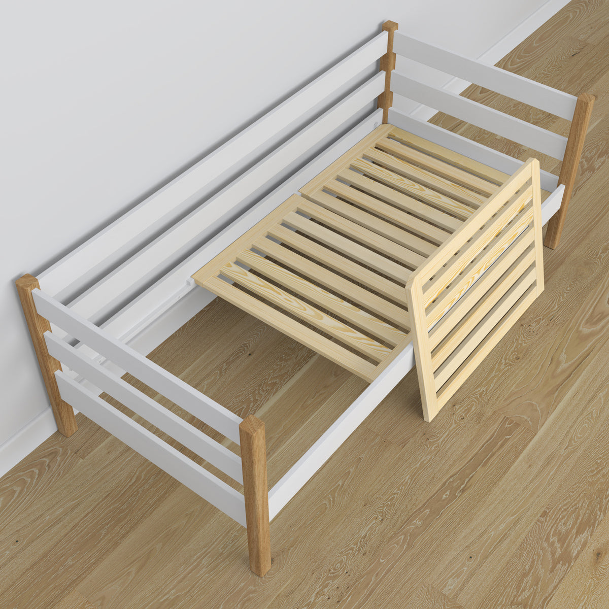Sofa-lit en bois blanc-chêne – vue de la tête de lit, chambre d'enfant