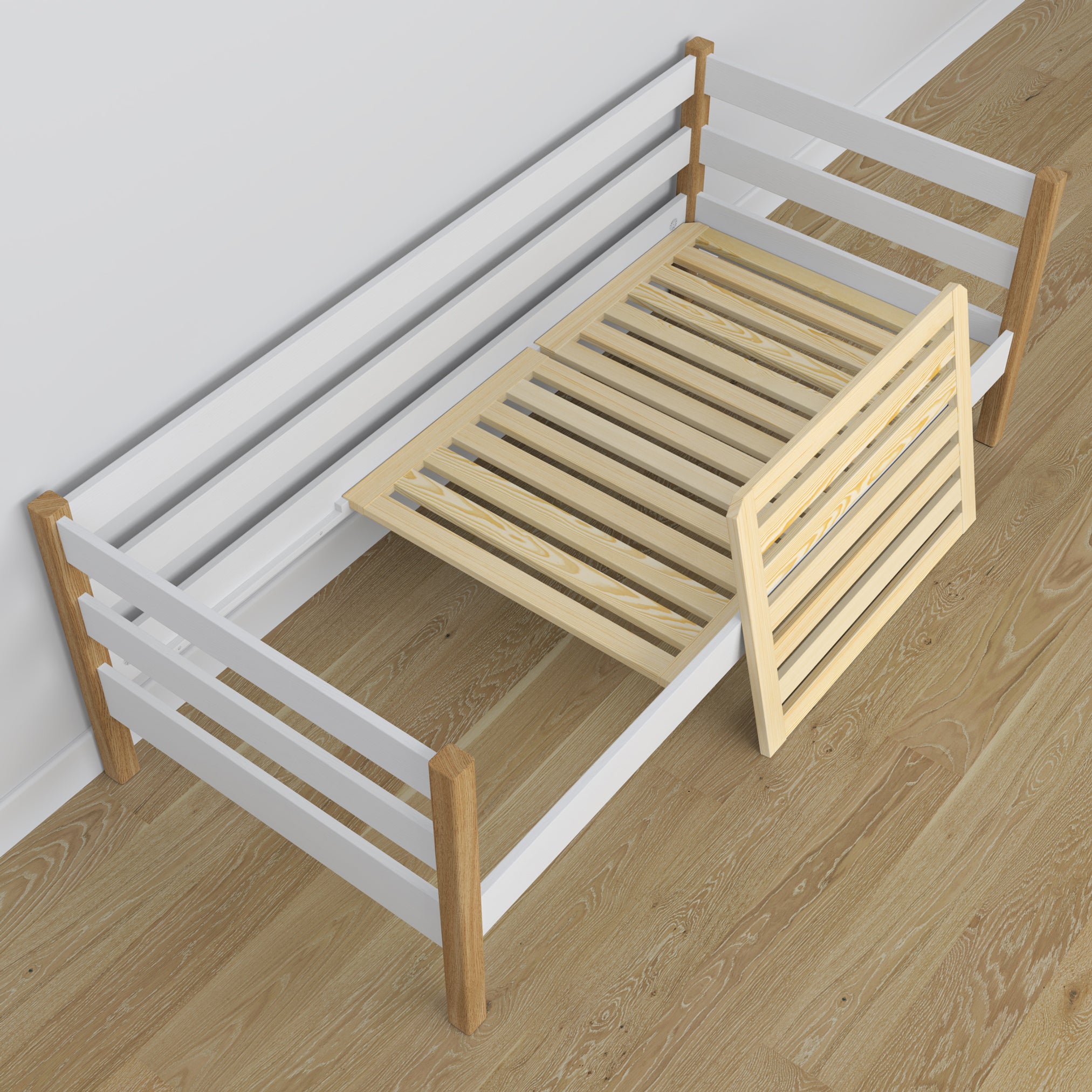 Sofa-lit en bois blanc-chêne – vue de la tête de lit, chambre d'enfant