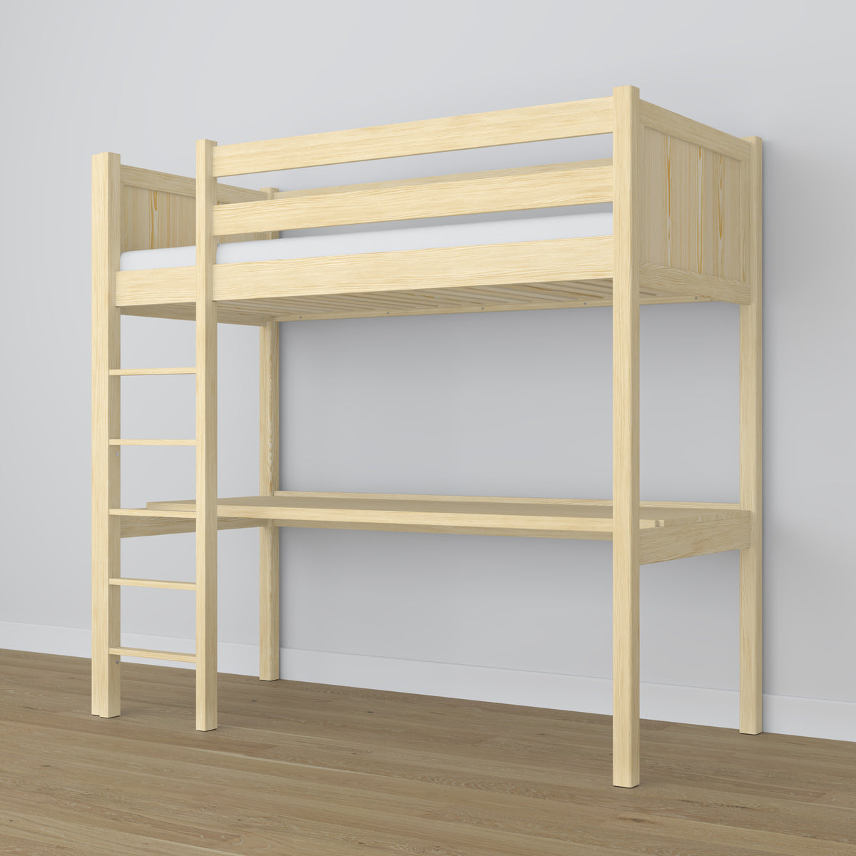 Clear Pine Wooden Loft Bed with Desk – Ladder and Safety Rail