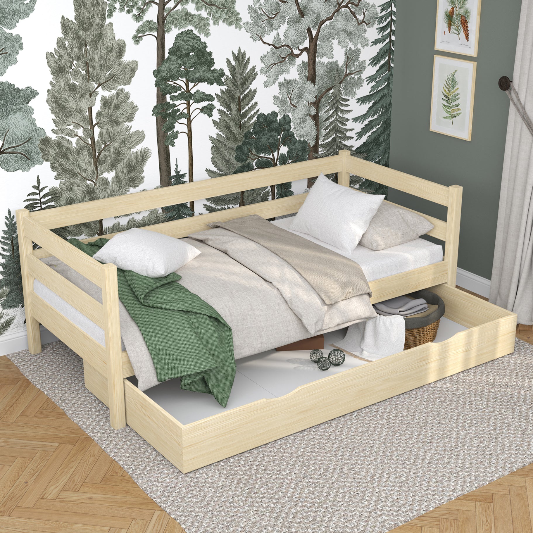 Sofa-lit avec tiroir en bois pin incolore – chambre d'enfant, style scandinave Nizio