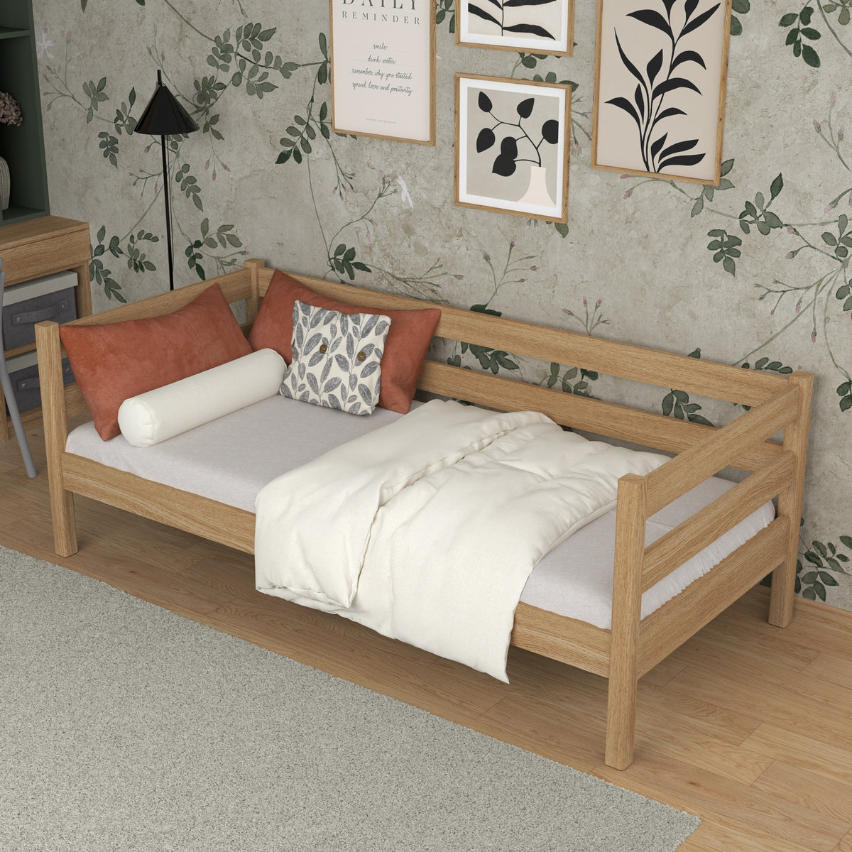 Sofa-lit chêne naturel dans la chambre d'enfant – décoration scandinave, en chêne