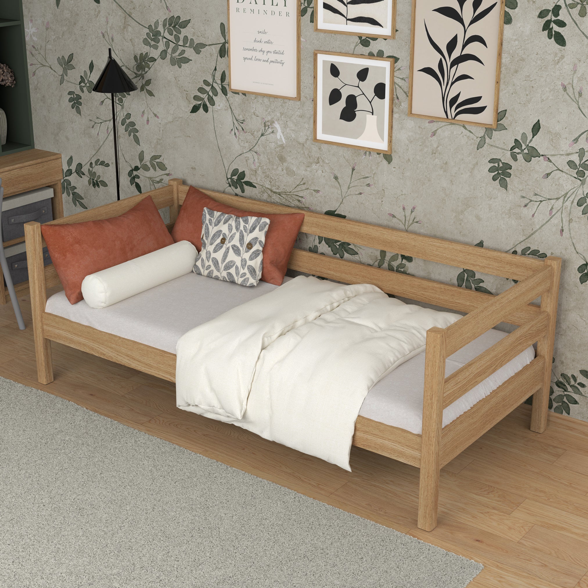 Sofa-lit chêne naturel dans la chambre d'enfant – décoration scandinave, en chêne