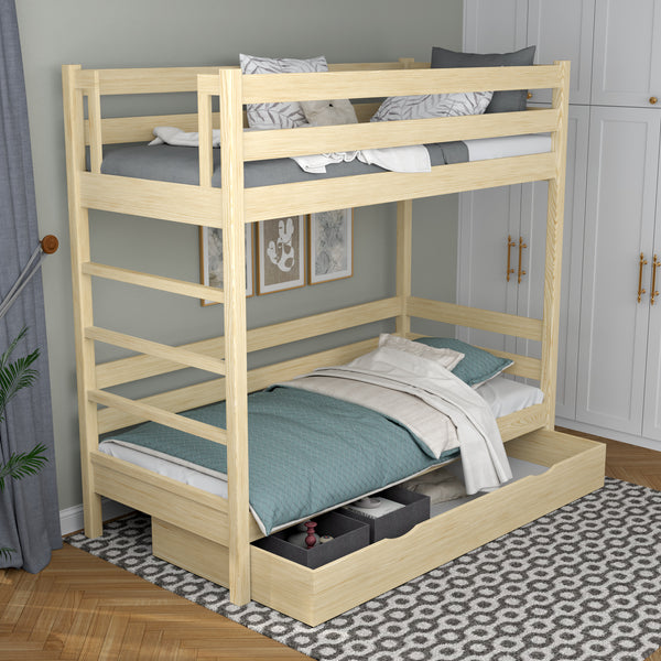 Lit superposé pin incolore z tiroir – barrière i échelle en bois, Nizio