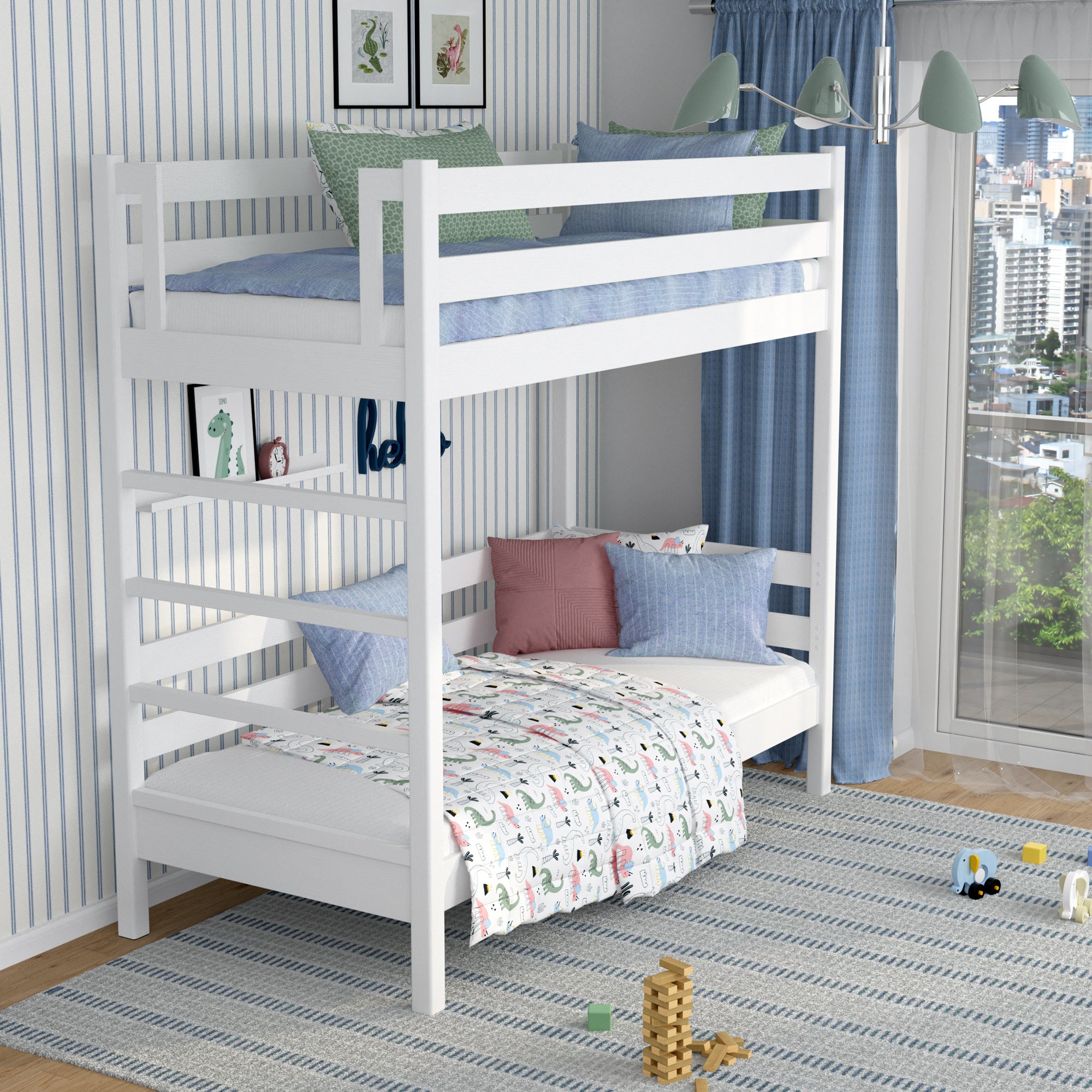 Lit superposé blanc dans la chambre d'enfant – décoration scandinave, en bois